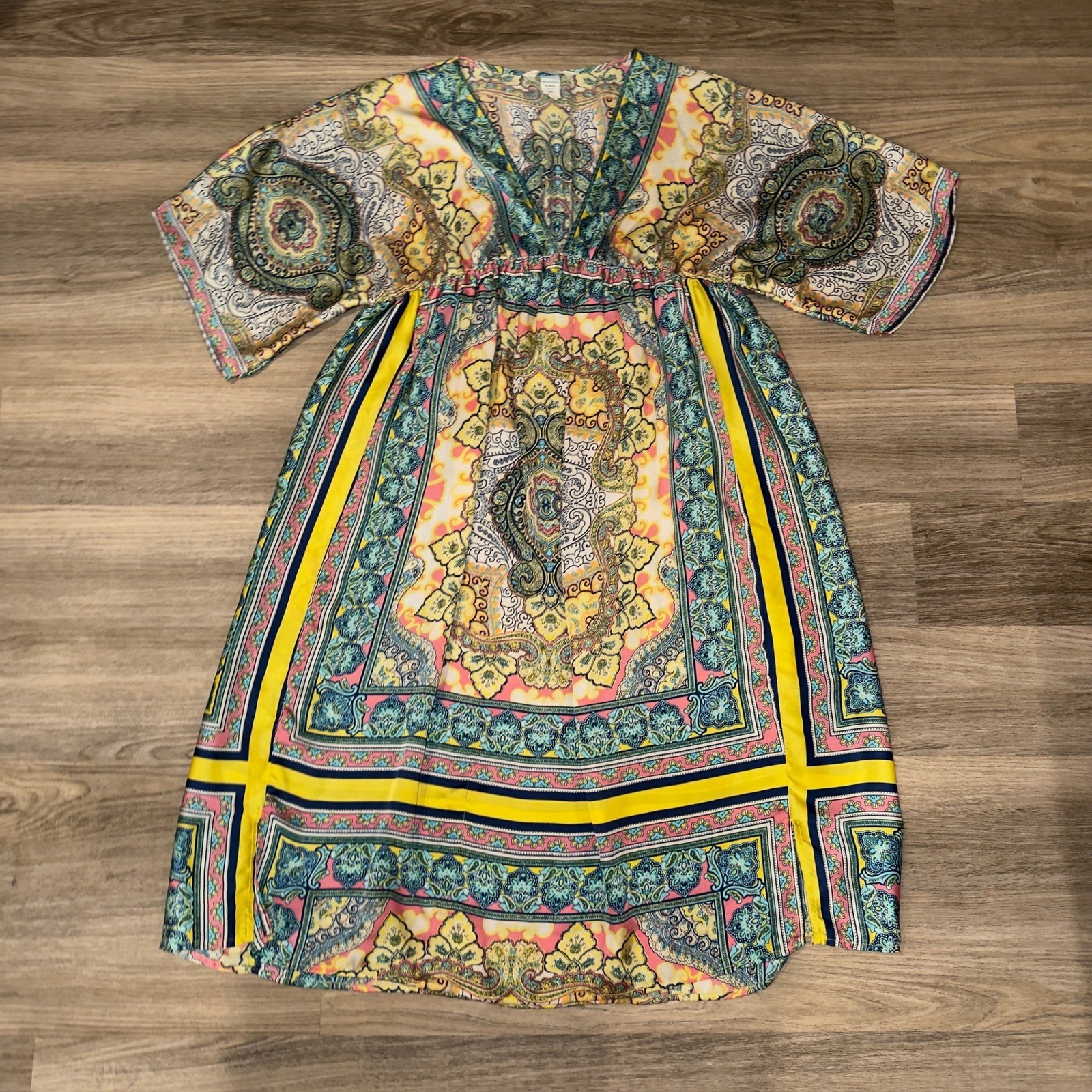 Sundance Bella Verona Scarf Print Dress XL Boho V Neck Elastic Waist