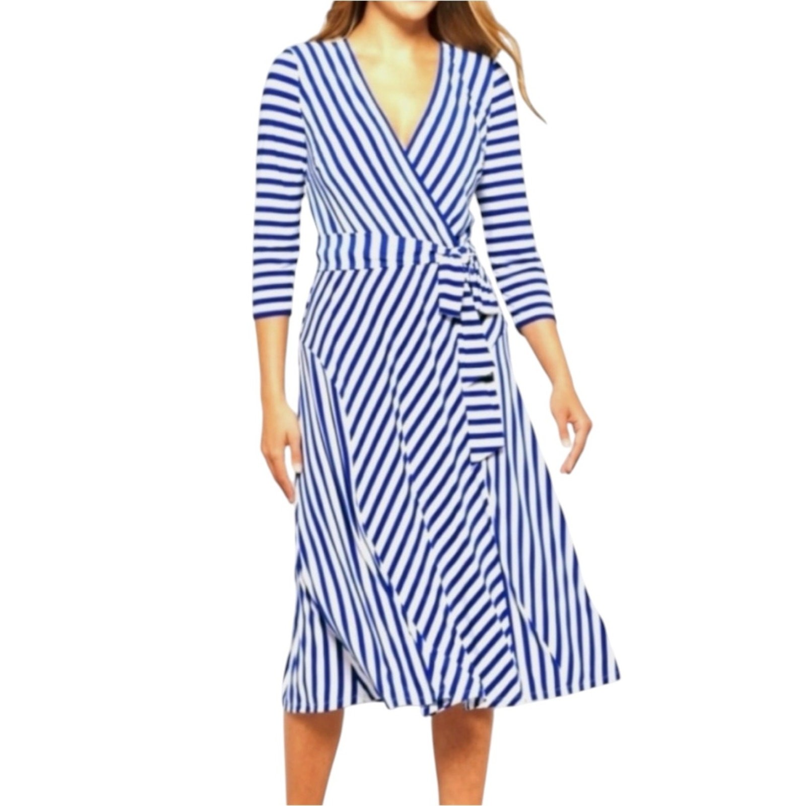 Lauren Ralph Lauren Blue White Striped Surplice Midi Dress Size 6 Coastal Preppy