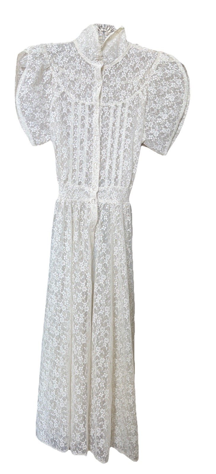 Vintage White Lace A-Line Tie Sheer Dress High Neck Cottage Core Cool Buttons