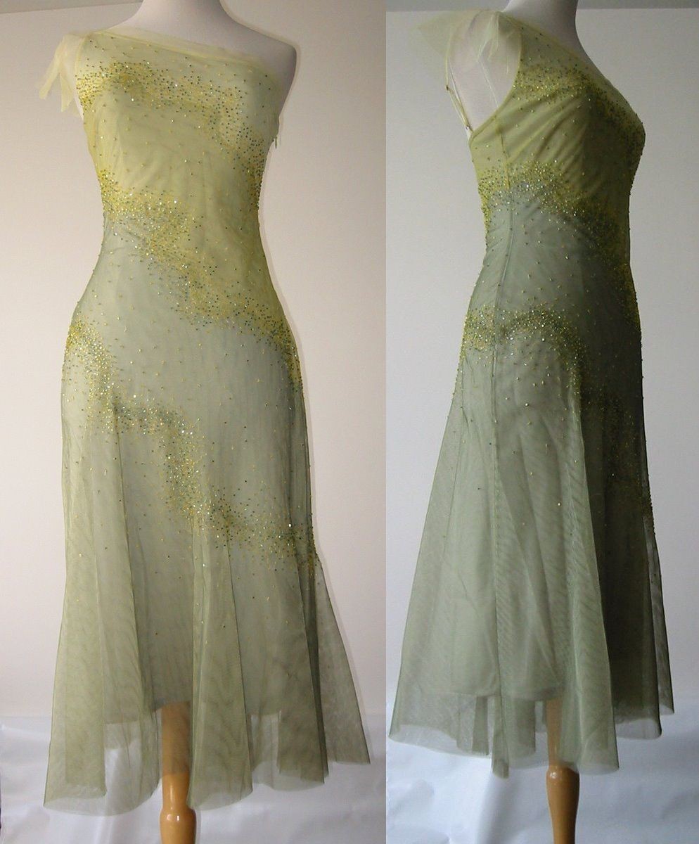 Y2K BCBG layers tulle flounce beads lime green dress 2 NWoT