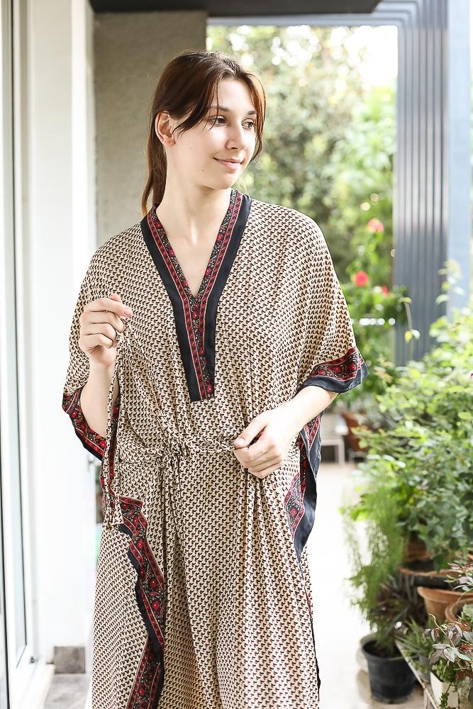 Silk Beige Kaftan / Handmade Flowy Maxi Dress / Resort Wear Outfit PS MFN1023