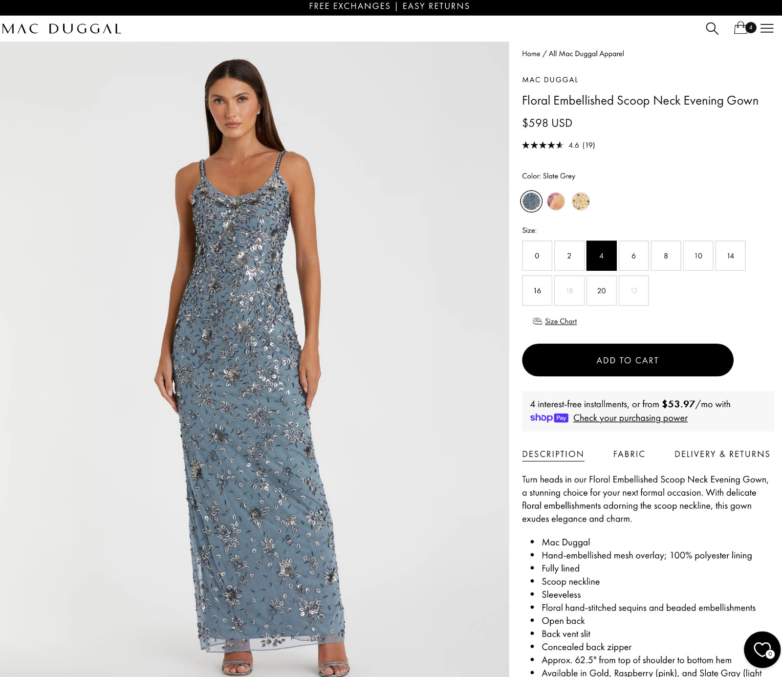 NWT Mac Duggal [ 4 ] 5477 Floral Embellished Scoop Neck Evening Gown Slate Q1001