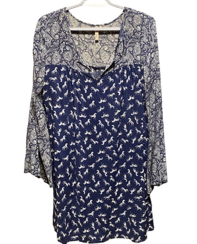 Red Camel Woman’s Tunic Dress. Navy & White. Paisley & Horses. Size Medium