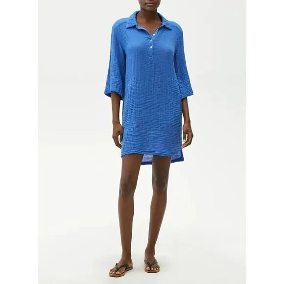 Michael Stars Women Light Blue Cecily Cotton Gauze Crinkle Dress Sz S