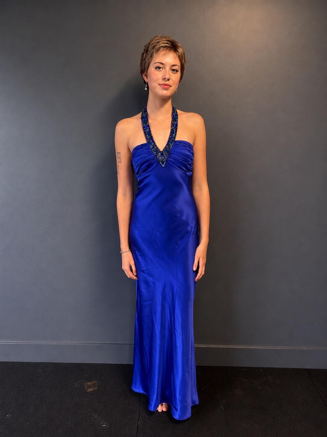Studibaker Retro Designer Formal Long Halter Dress Blue Satin Vintage Size 10