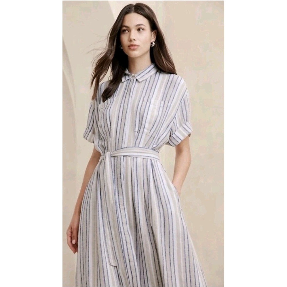 Banana Republic Linen Blend Striped Midi Shirt Dress Size M White Blue Nautical