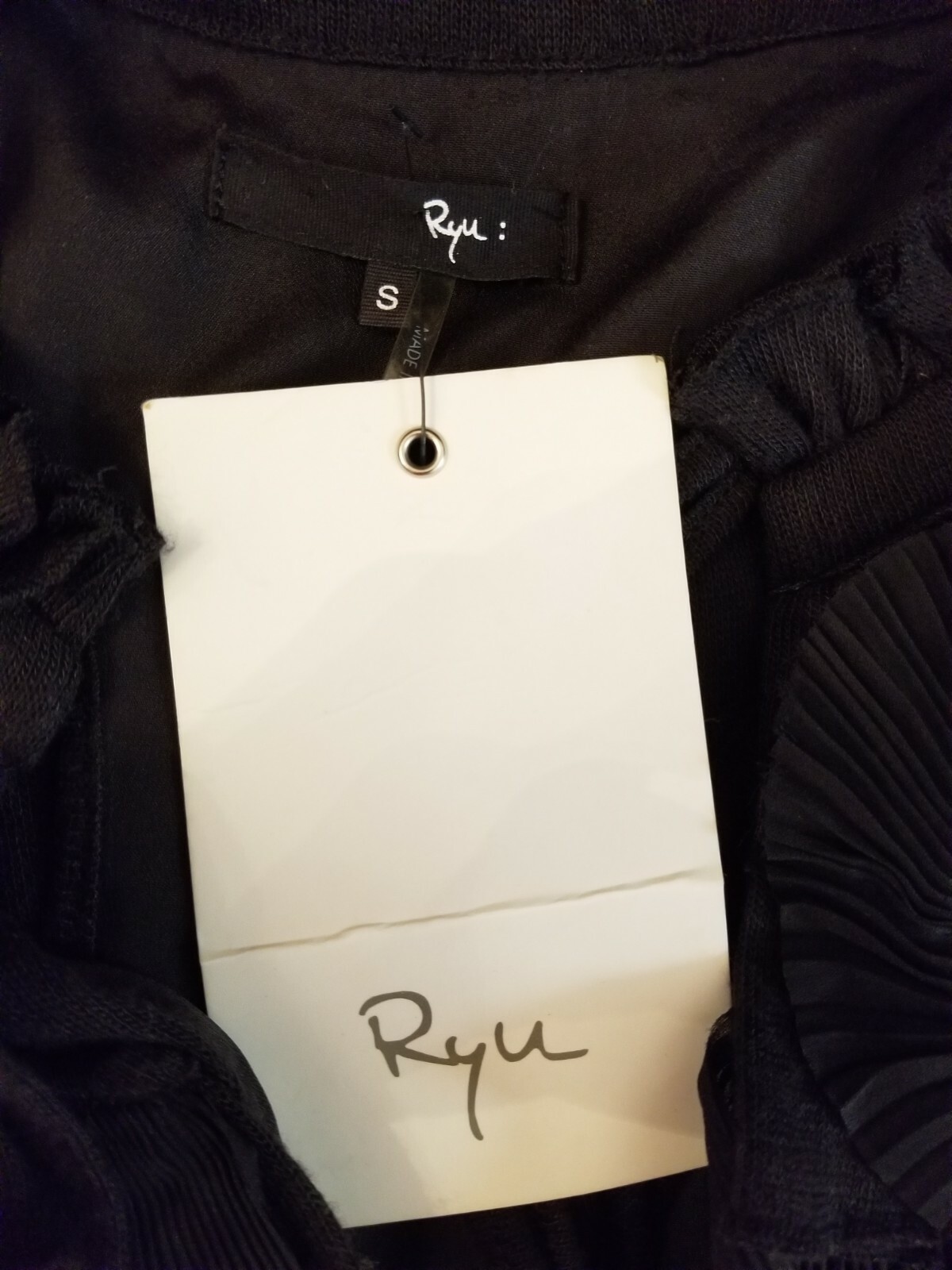 RYU Womens Size Small Pleated Ruffled Black Dress with Floral Embellishments