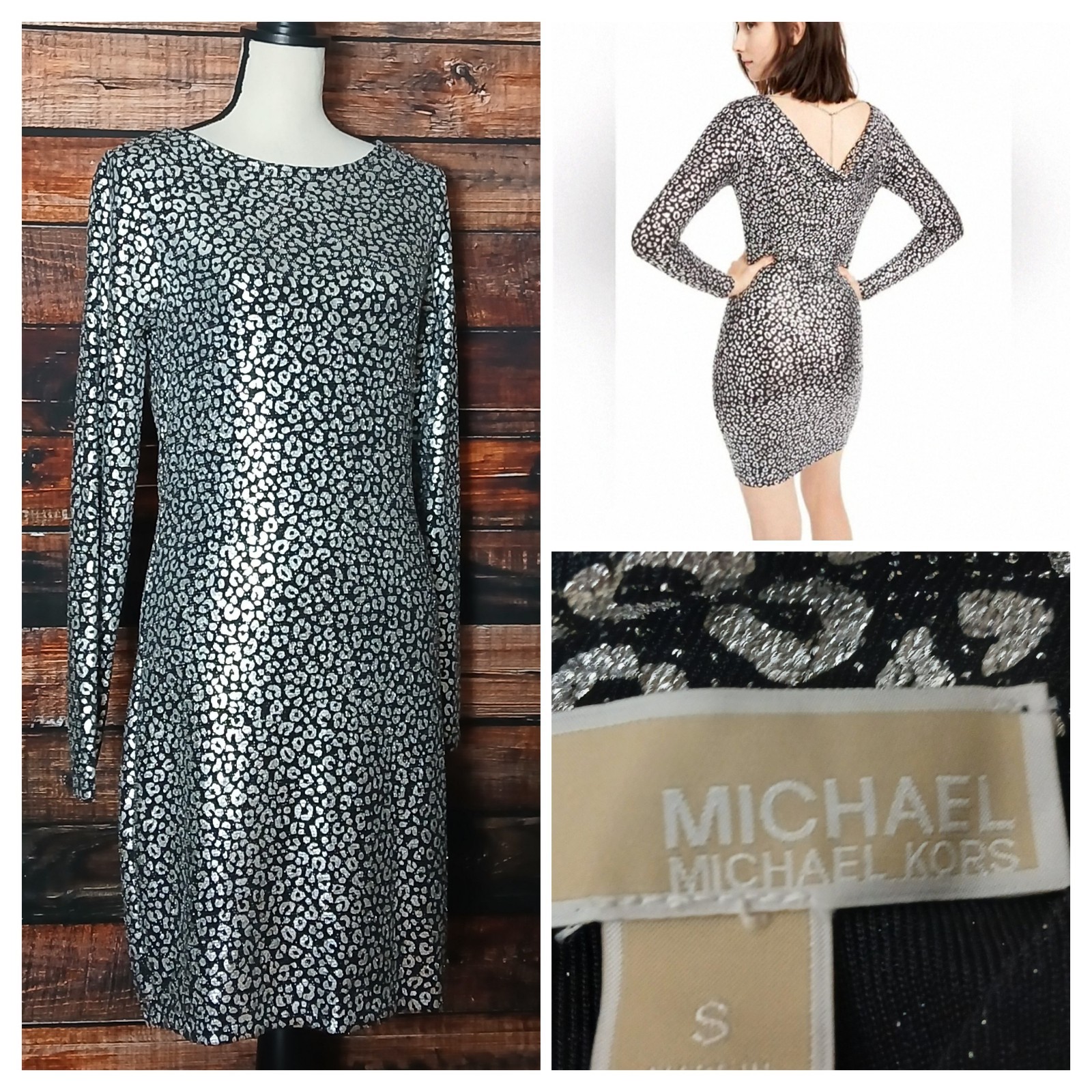 Michael Kors Dress S Long Sleeve Cowl Back Silver Black Metallic Animal NWT