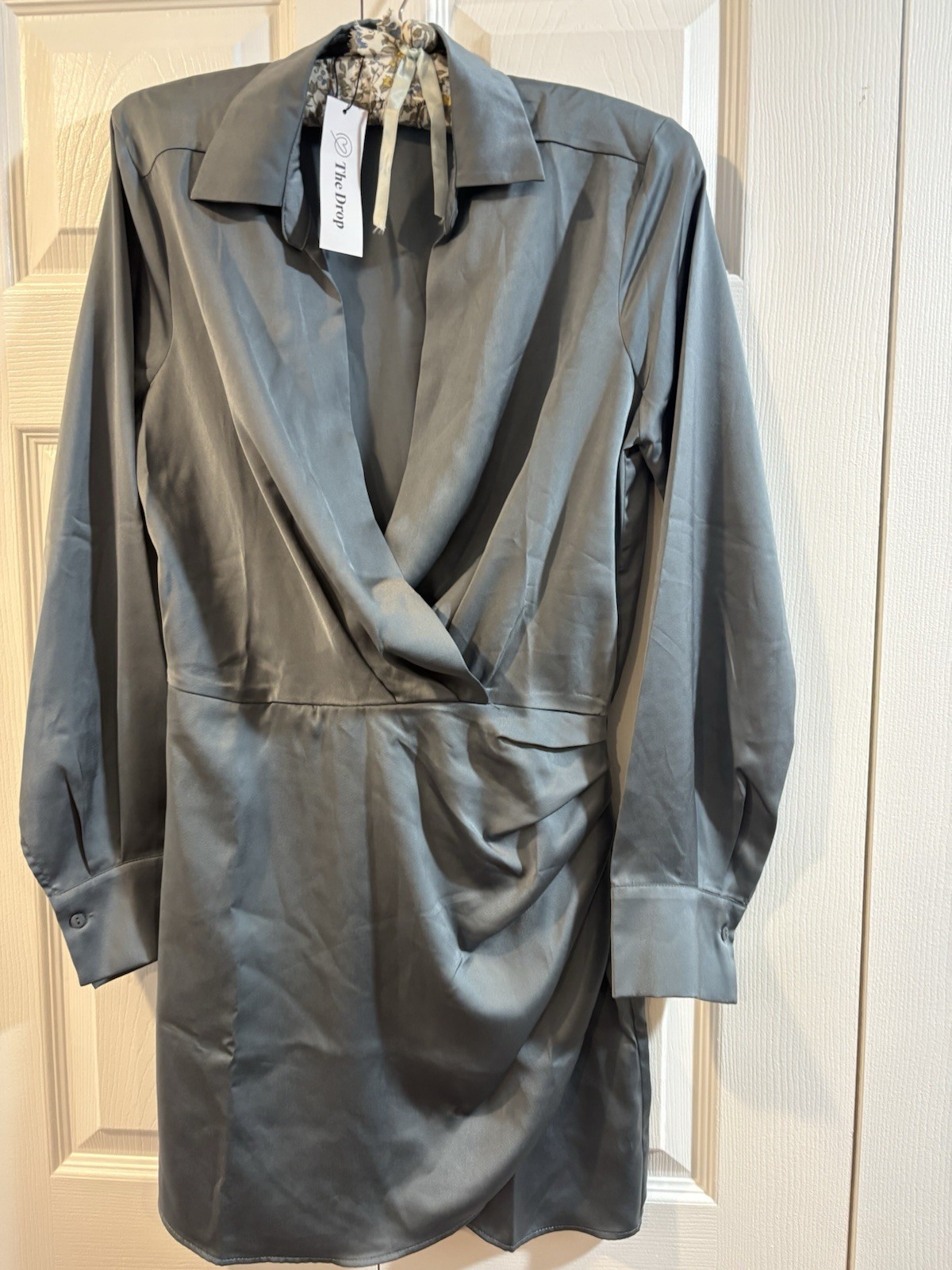 NWT The Drop Small Satin Wrap Shirt Dress Blue Gray Long Sleeve Collared