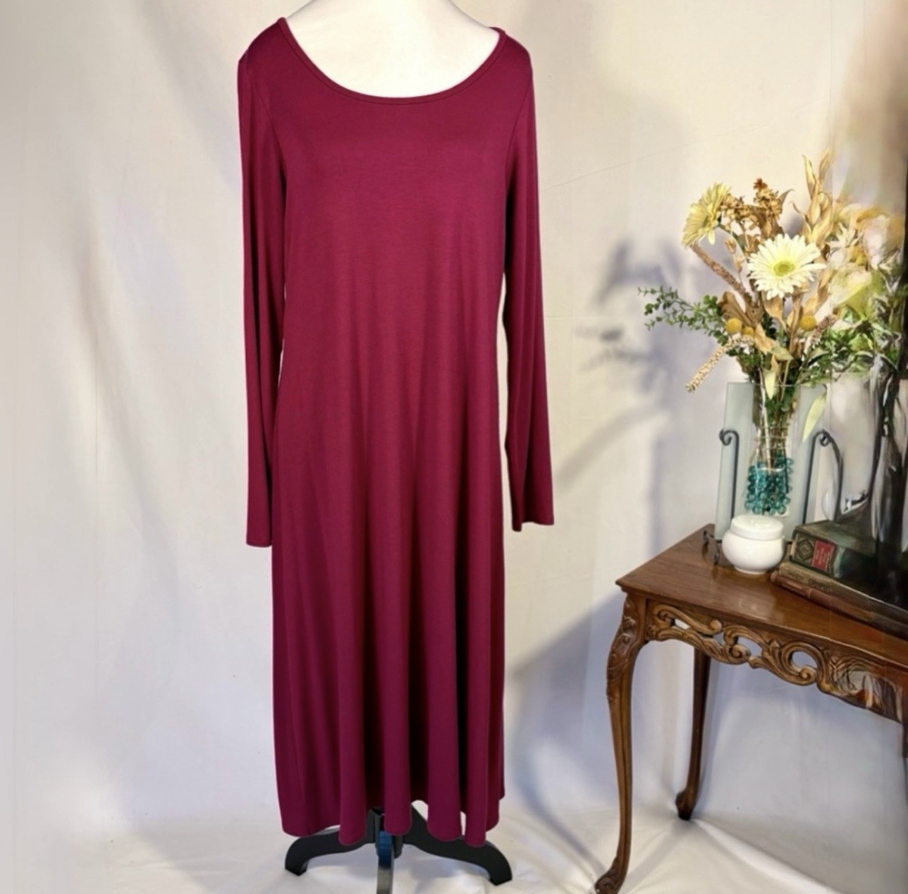 💥Eileen Fisher Scarlet Red Viscose Jersey Keyhole-Back Midi Dress Sz Medium 💛