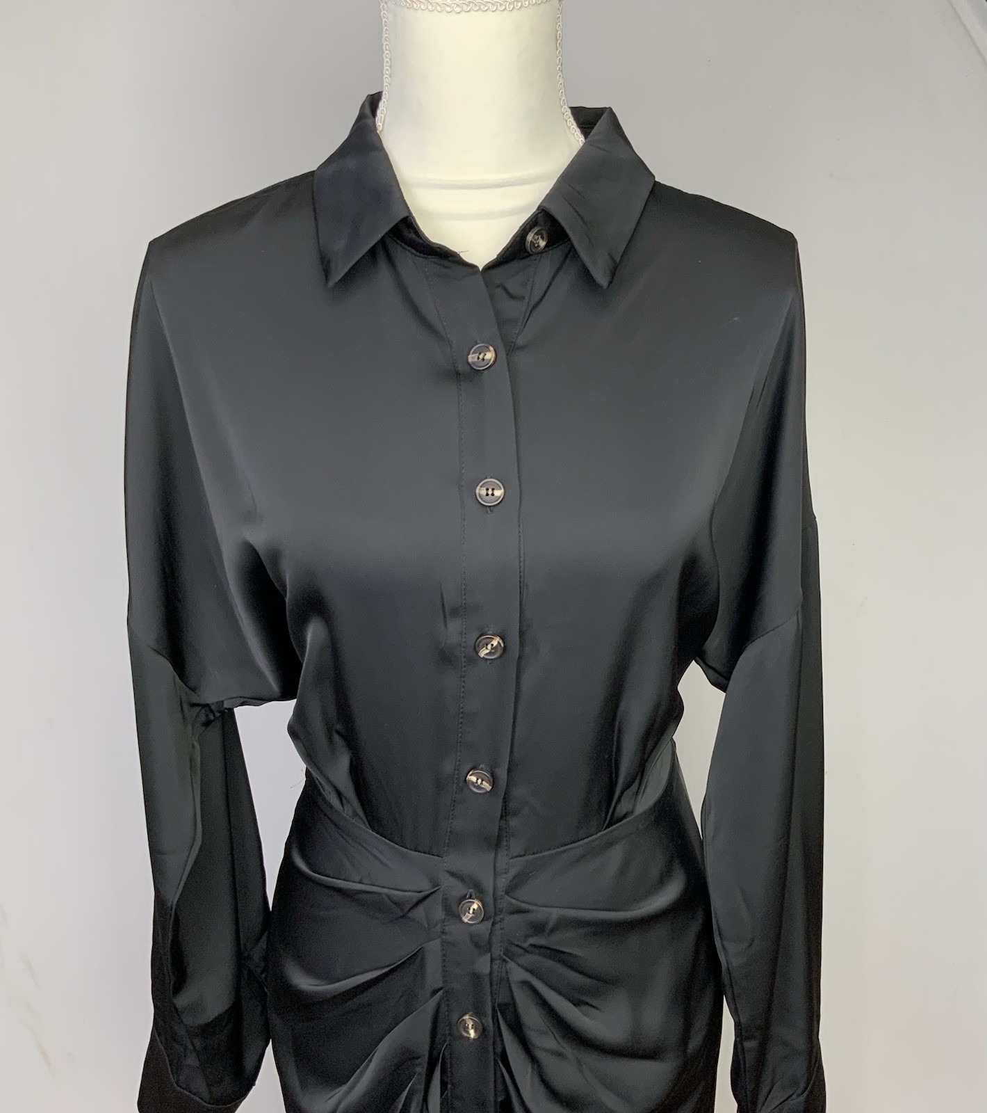 Black Satin Button Down Draped Front Tie Back Midi Shirt Dress Sz Large