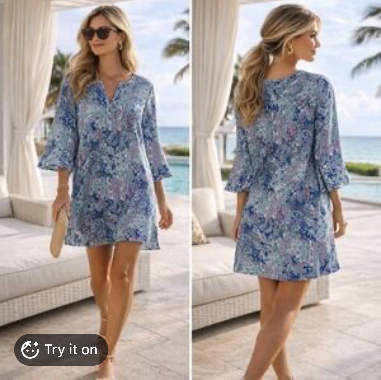 NWT Coolibar Cannes Tunic BlackWhite UPF 50+ 3/4 Bell Sleeve Split Neck Dress XL