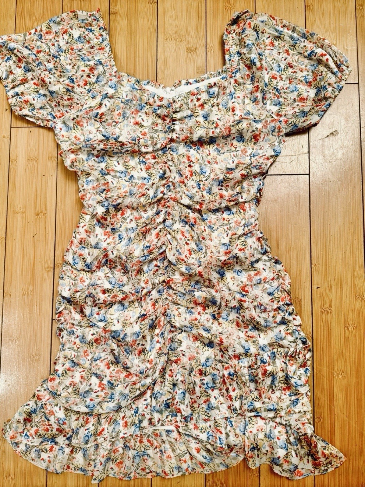Sage The Label Floral Ruche&9d Puff Sleeve Mini Dress Cottagecore Size Large