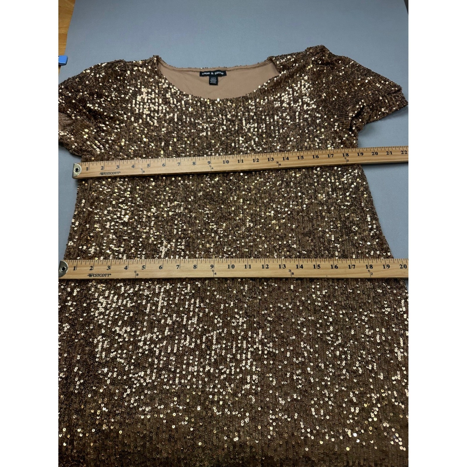 Cable & Gauge Bronze Gold Sequin Shift Dress Short Puff Sleeve Women Large