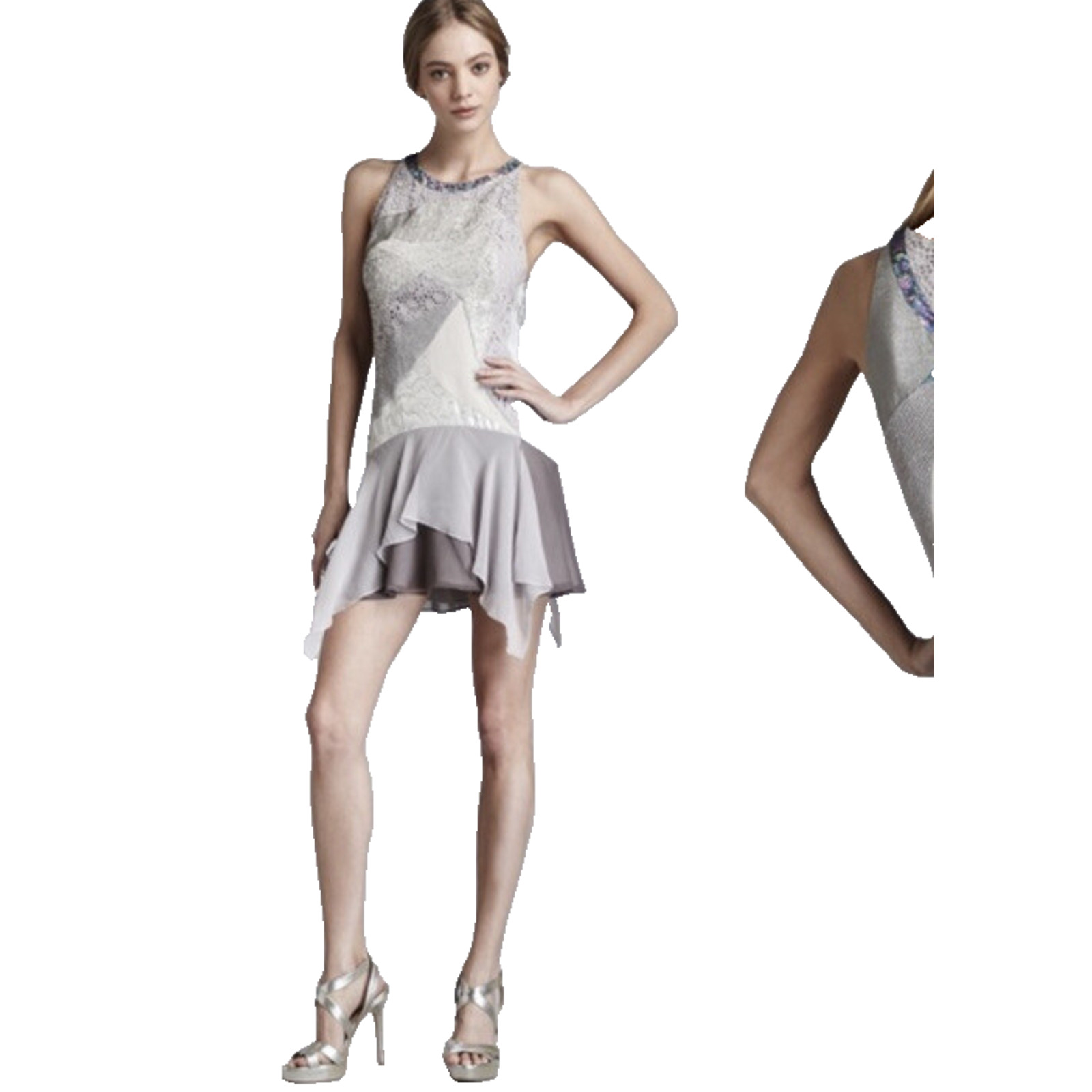 Rebecca Taylor Moonlight Silk Ruffle Hem Mini Dress Gray Halter Formal Sz 6