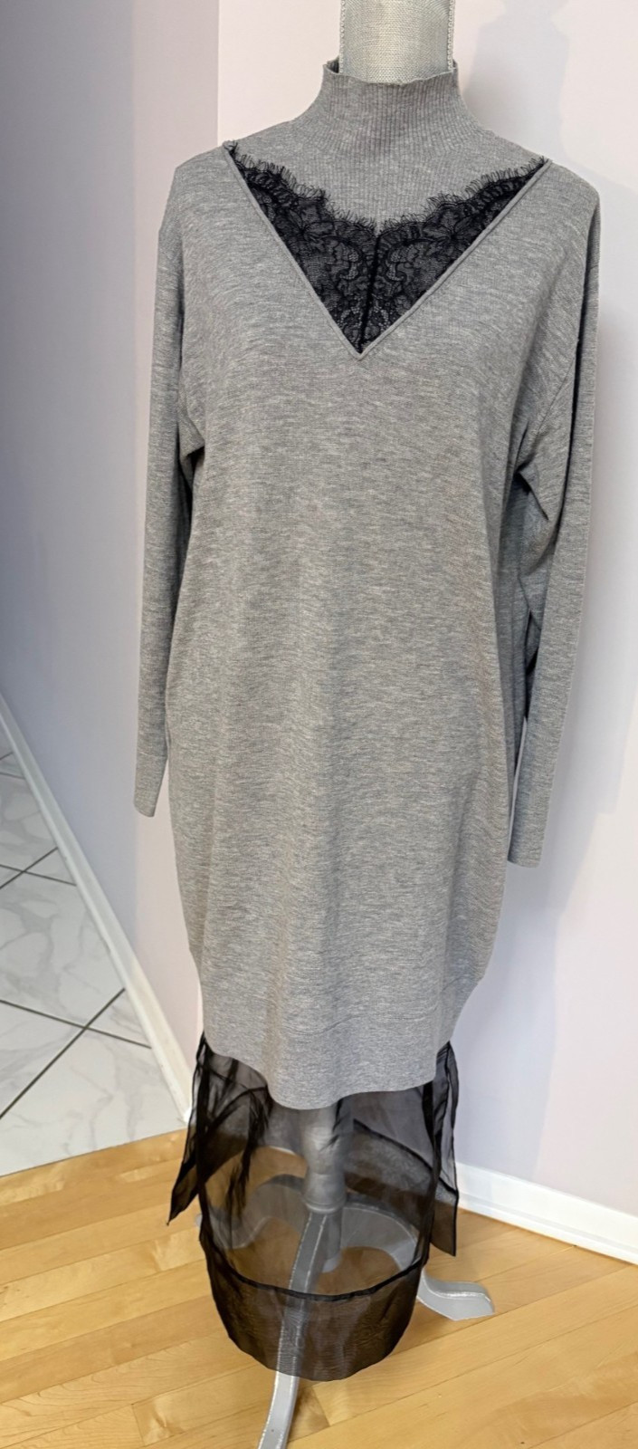 NWT Phillip Lim Women’s Gray Mockneck Knit Dress With Lace Inlay Size M