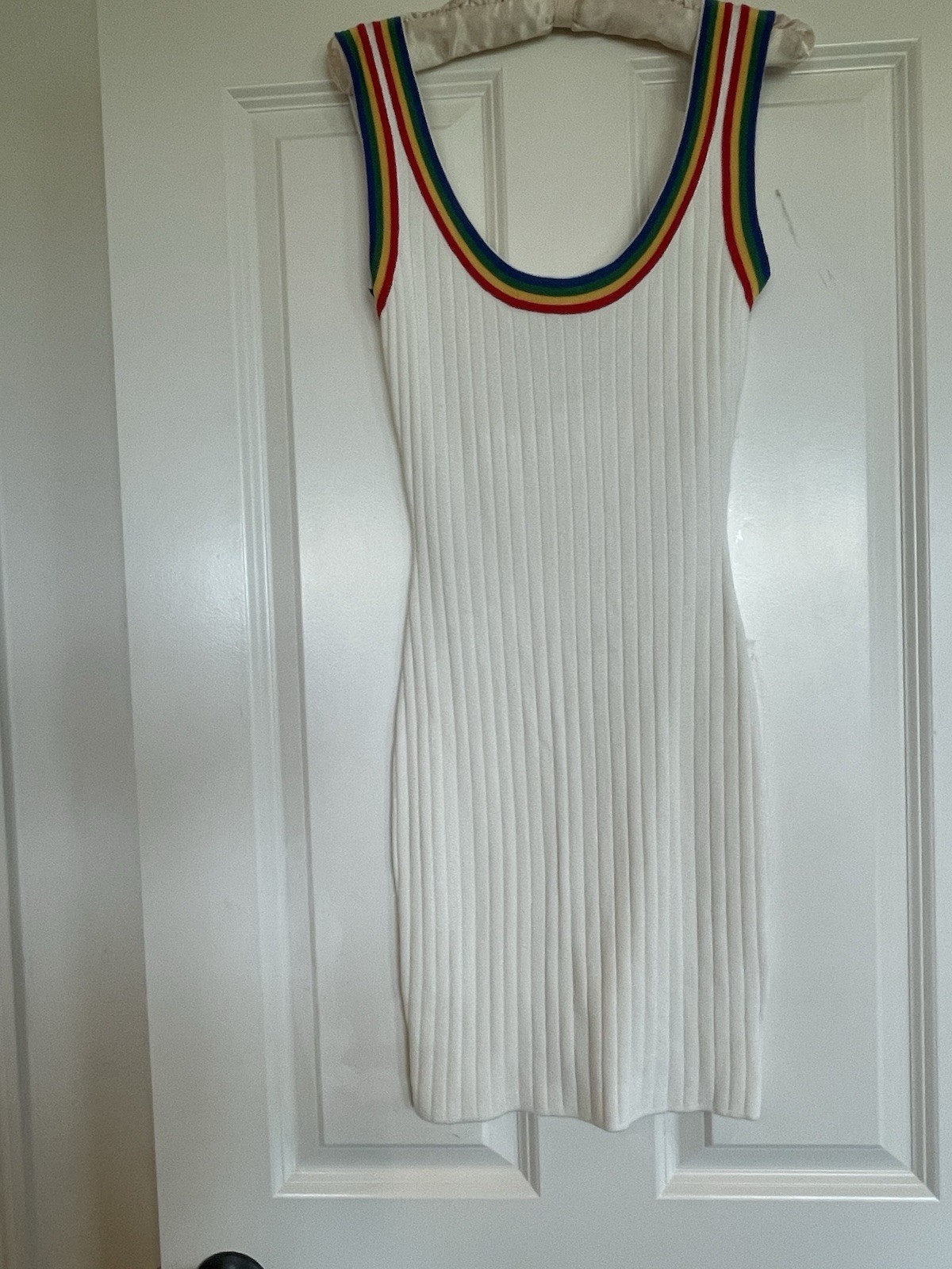 Super Down White Ribbed Knit Rainbow Stripe Trim Bodycon Mini Dress Women’s S