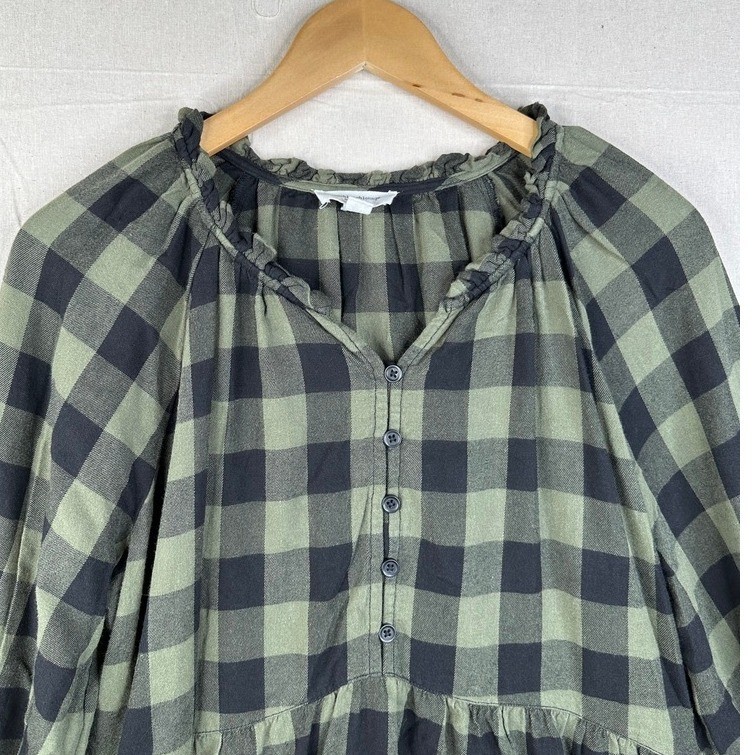 Beach Lunch Lounge Woven Peasant Mini Dress Boho Olive Black Plaids M Medium