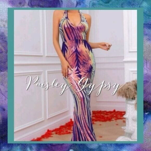 RANDOM PRINT, HALTER, SEQUINED MERMAID MAXI