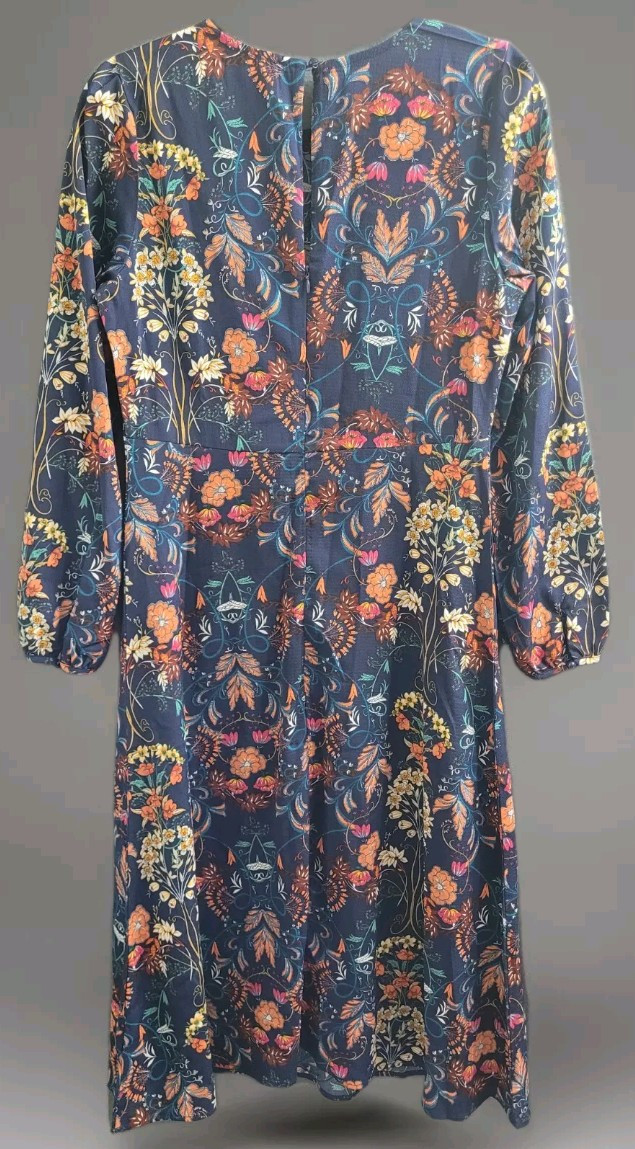 I. Madeline M Garden Splendor Navy Blue Floral Print Long Sleeve Midi Dress NEW