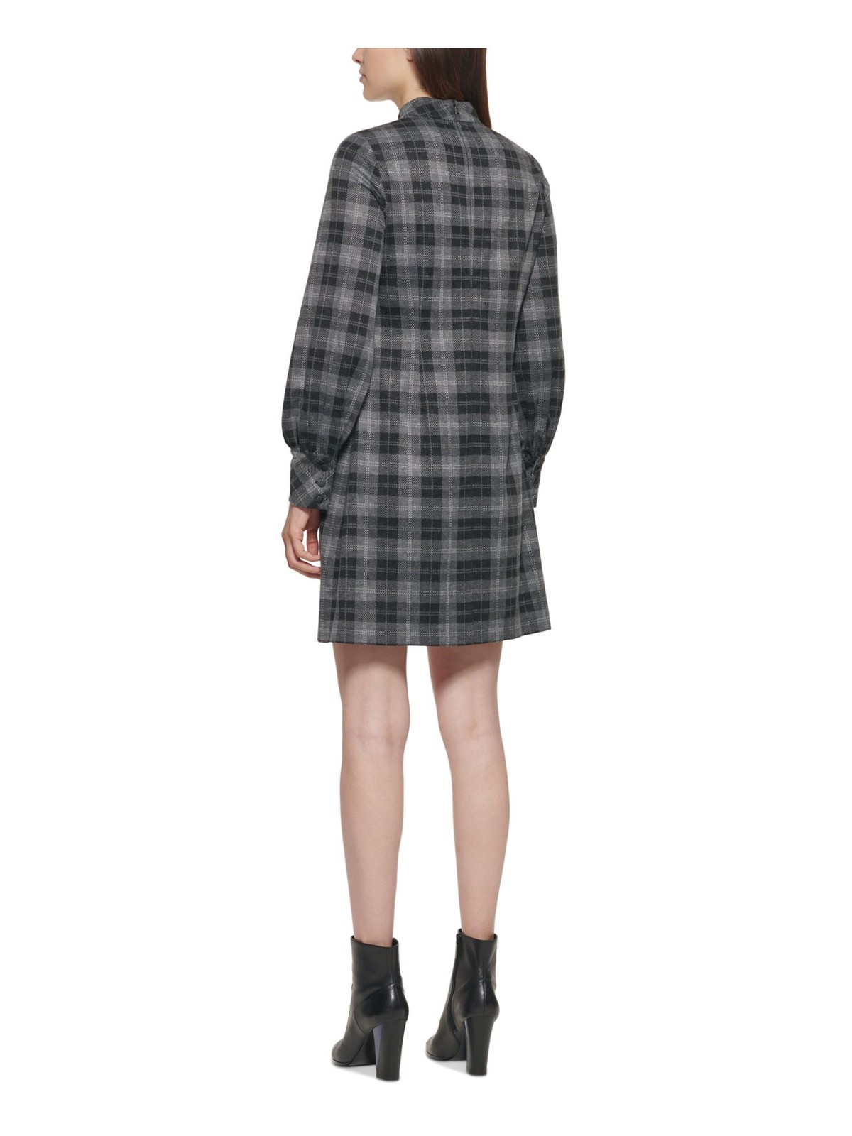 CALVIN KLEIN Womens Gray Plaid Cuffed Sleeve Short Sheath Dress 2