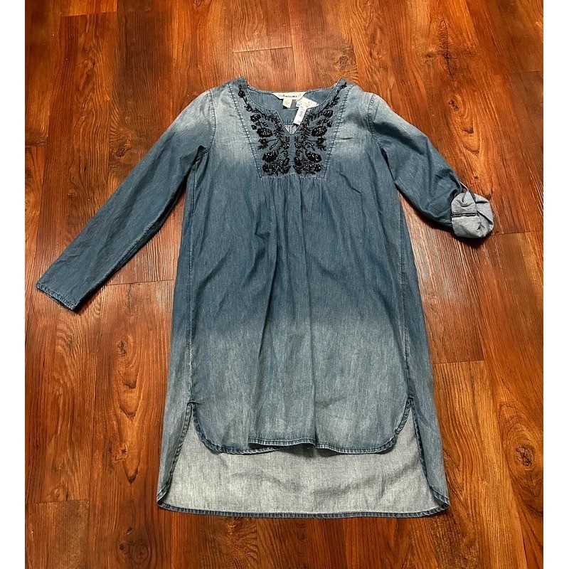 Tantrums Denim Shift Dress Small Blue Boho Embroidered Beaded High Low V-Neck