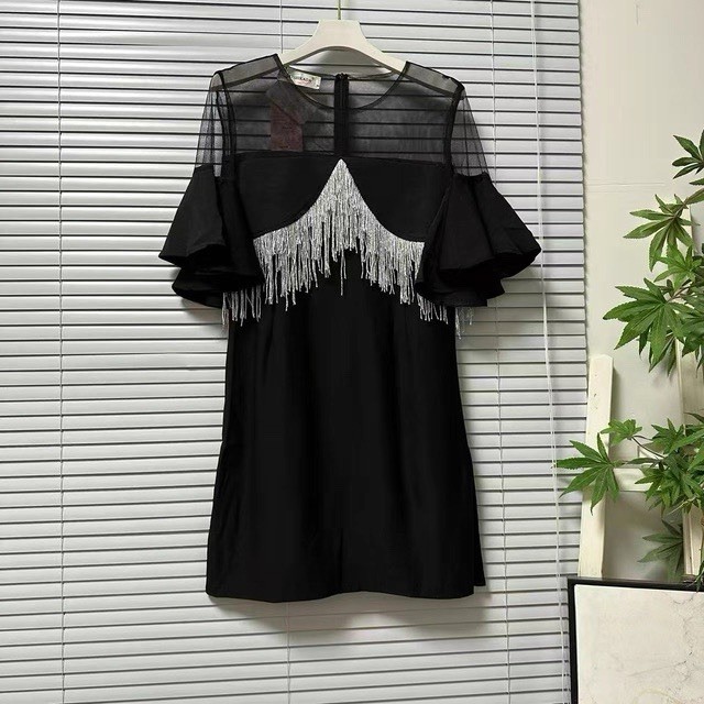 Little Black Fringe Cocktail Dress Mesh Yoke Ruffle Sleeve Mini Party Dress