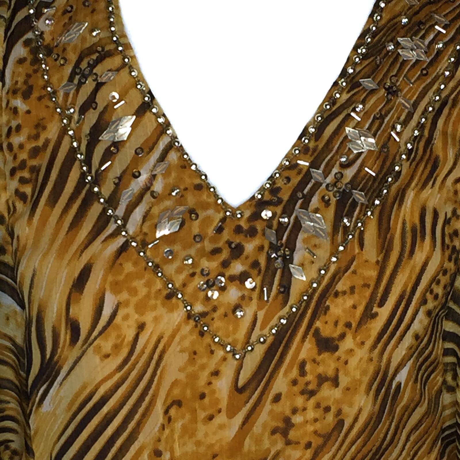 Metrostyle Beaded Animal Print Dress Medium V Neck Tie Waist Flutter Sleeves