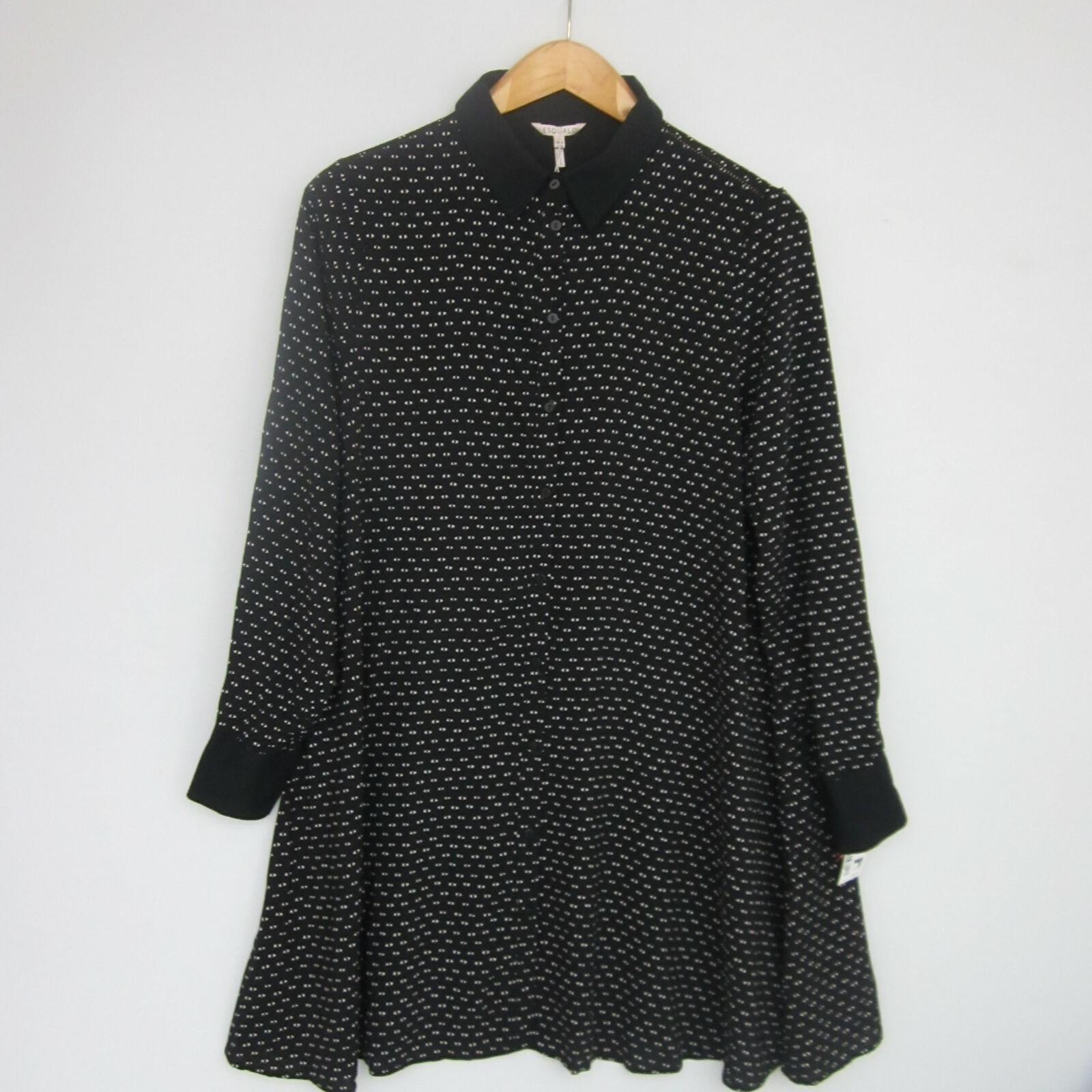 New Esqualo Womens 8 Black White Print LS Flare Button Dress Collared NWT $120