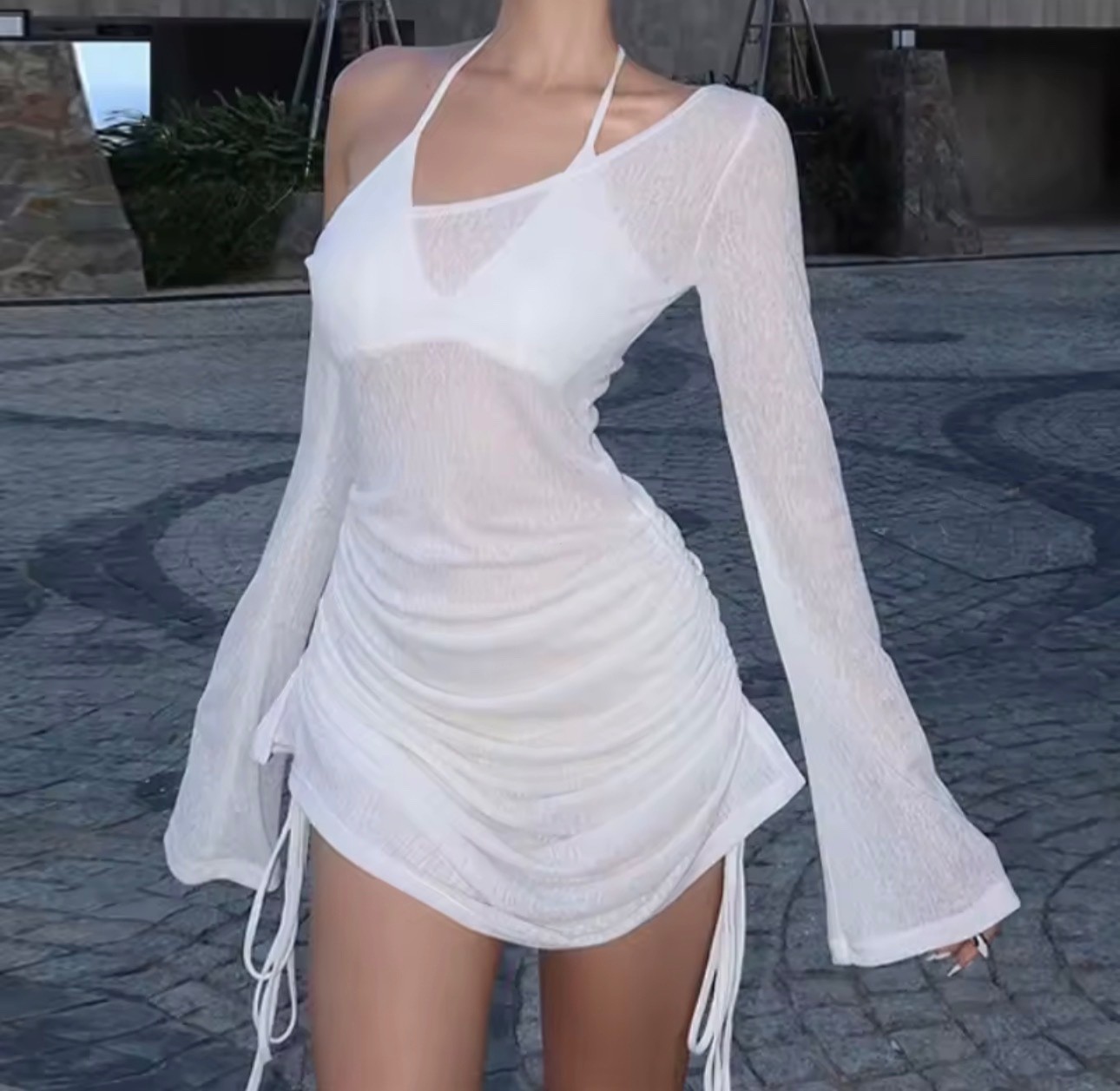 Solid Skew Collar Ruched Straps Lace-Up See Through Draw String Mini Dress 2025