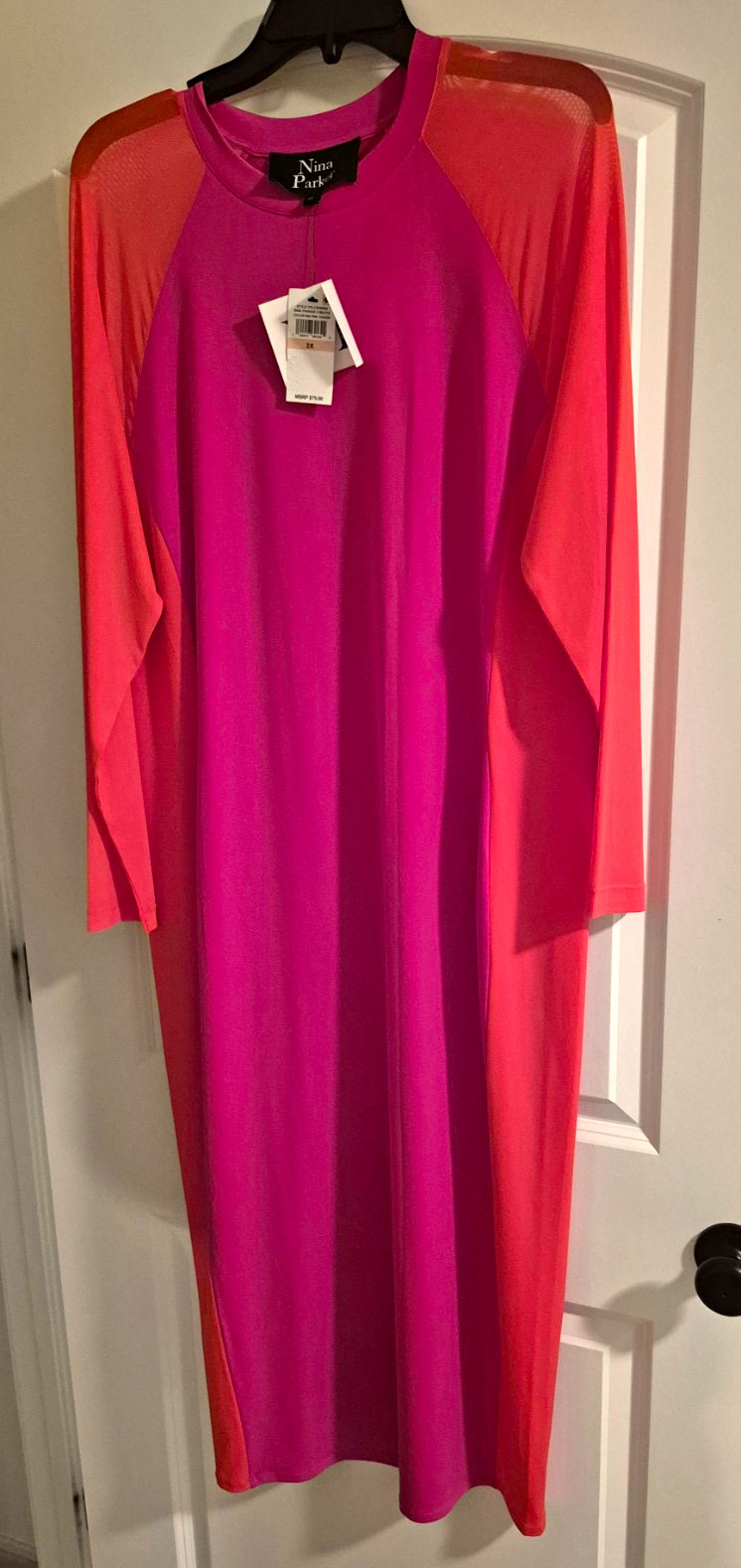 Nina Parker Plus 2X Pink/Orange Colorblock Round Neck Long Sleeve Midi Bodycon