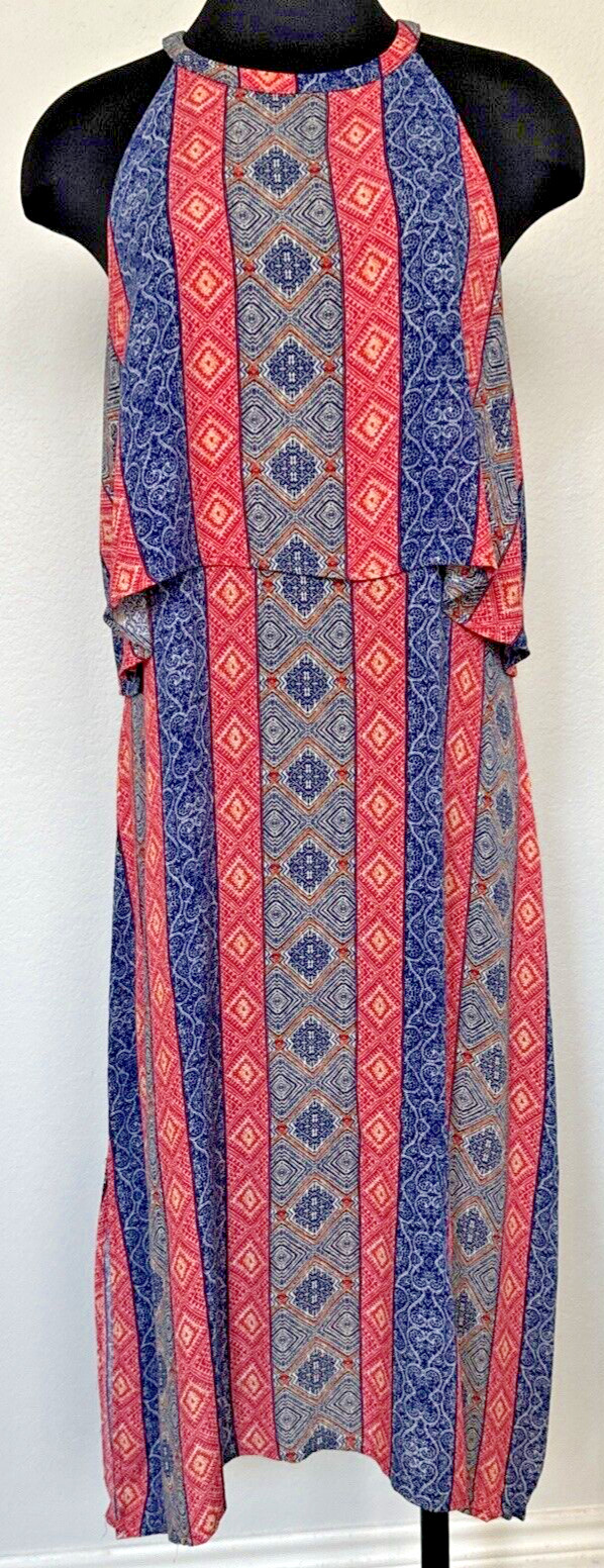 Lulus Dress Women XLarge Blue Pink Midi Scarf Print High Neck Layered Side Slits