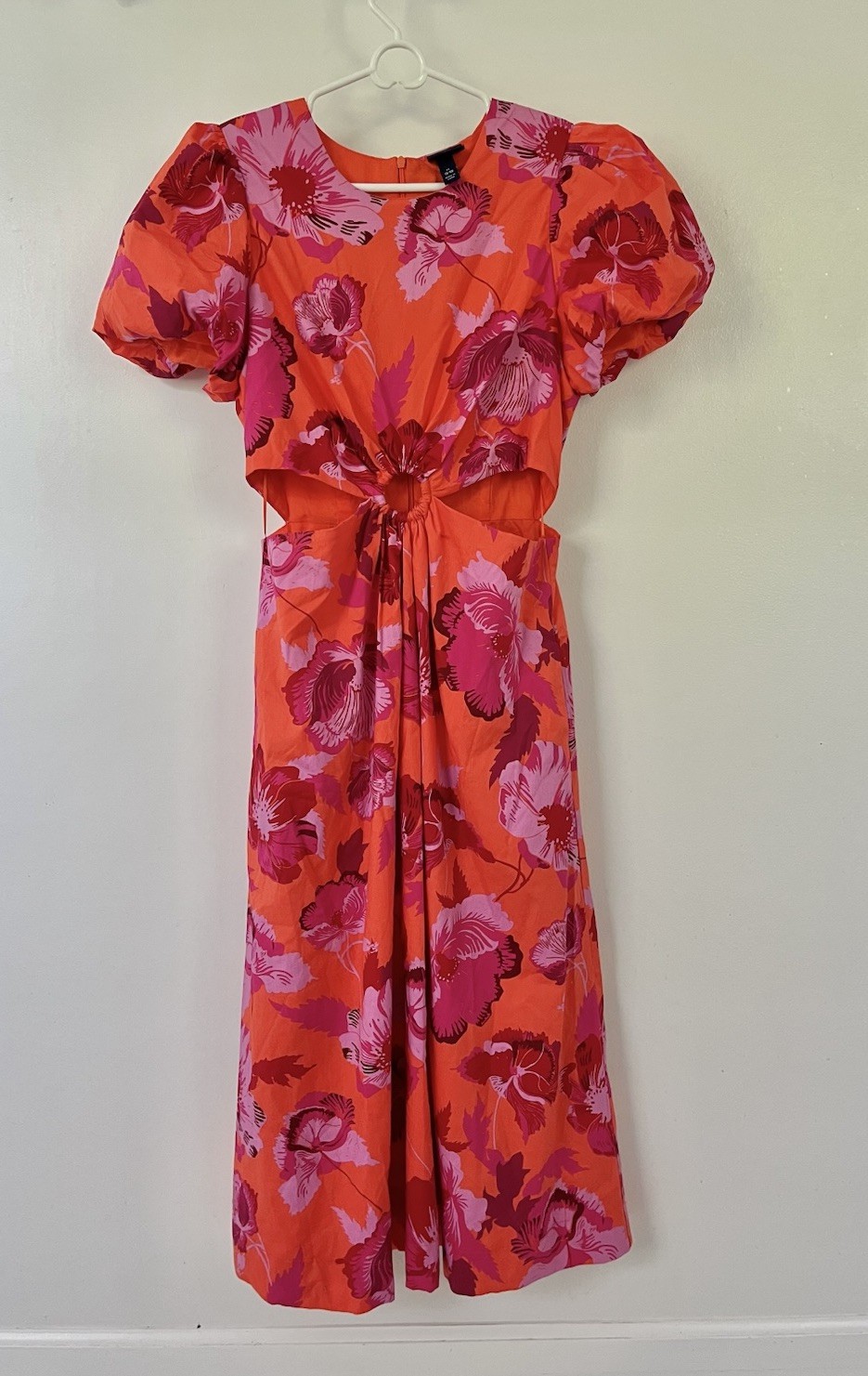 Scoop Orange Pink Floral Puff Sleeve Cut Out Midi Dress M (8-10) Cotton