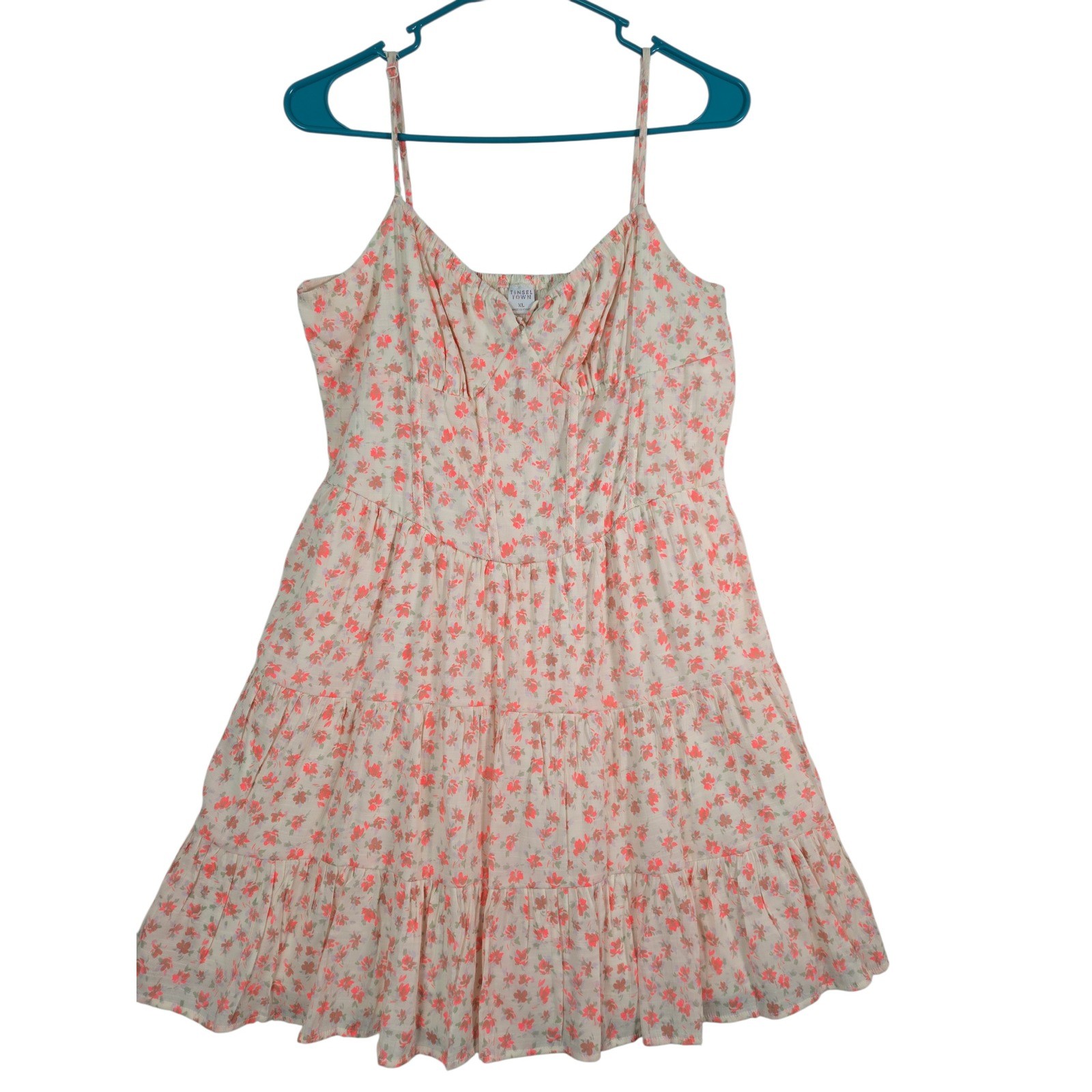 Tinsel Town Floral Tiered Sundress Coral Pink Cream Size XL Boho Cottage
