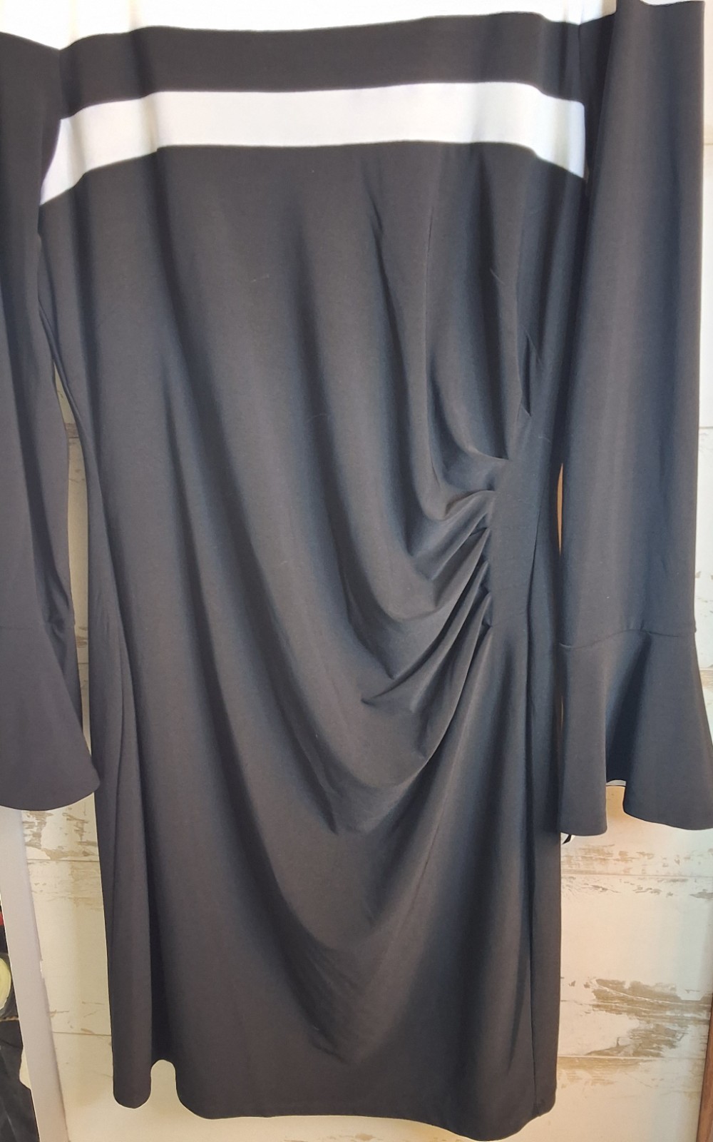 NWT* RALPH LAUREN, STRETCHY SIDE GATHERED BELL SLEEVES BLACK & WHITE DRESS 14