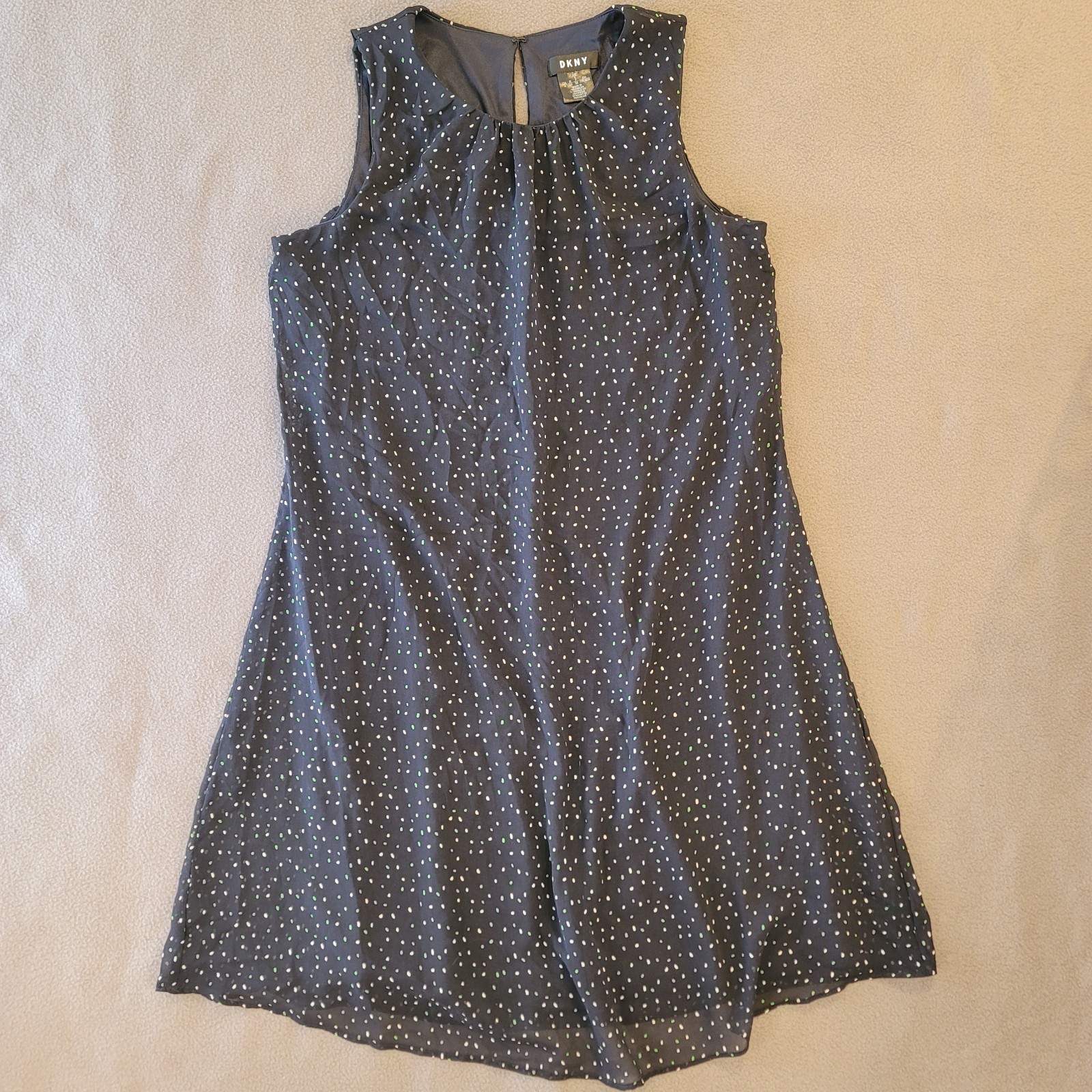 DKNY Sleeveless Chiffon Shift Dress Size 4 Navy Blue Green White Polka Dot