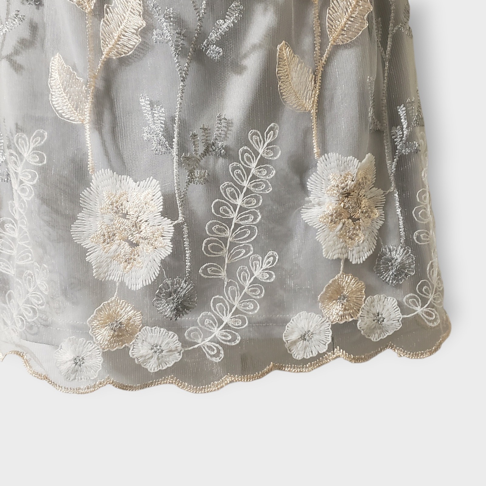 Lucy in the Sky Floral Embroidered Mesh Mini Dress Silver Grey Strappy Back S