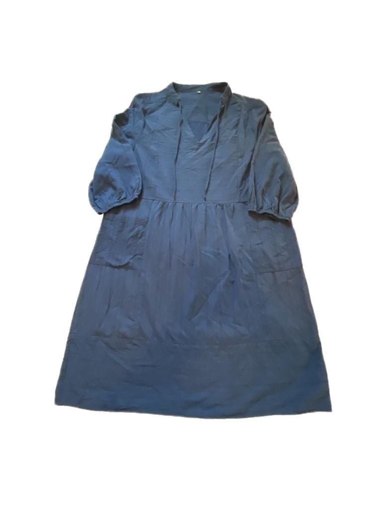 Navy Blue 100% Cotton Cottagecore Breathable Lightweight Textured Midi Dress
