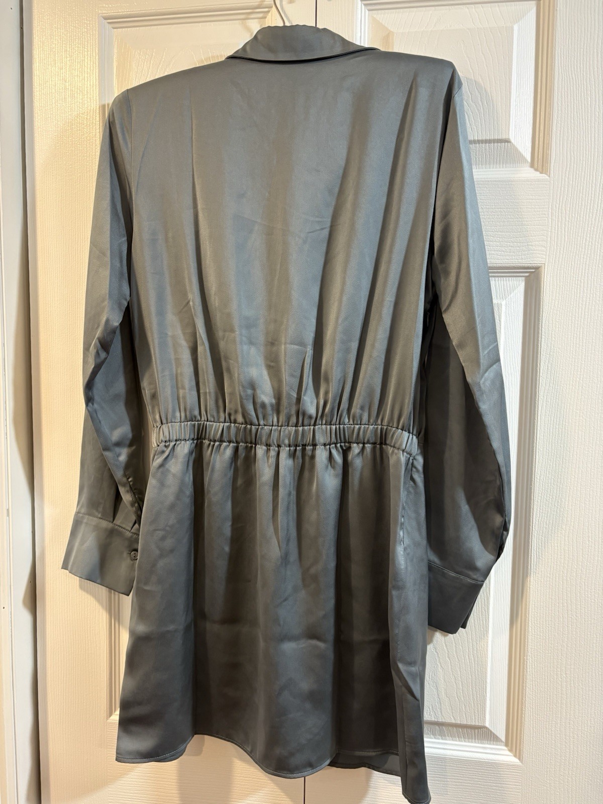 NWT The Drop Small Satin Wrap Shirt Dress Blue Gray Long Sleeve Collared