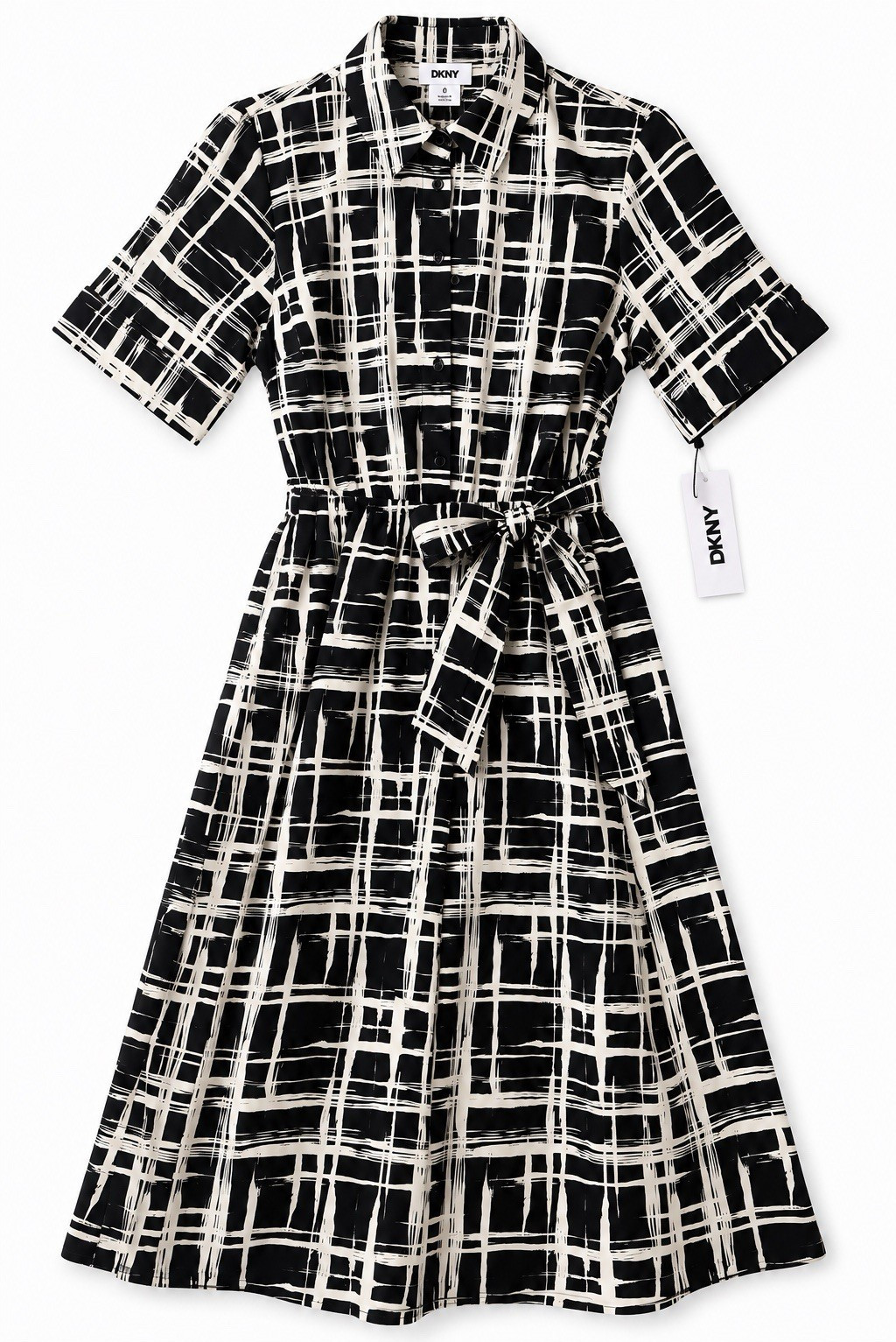 DKNY Black White Plaid Belted Shirt Dress Midi Button Front Short Sleeve NWT Sz8