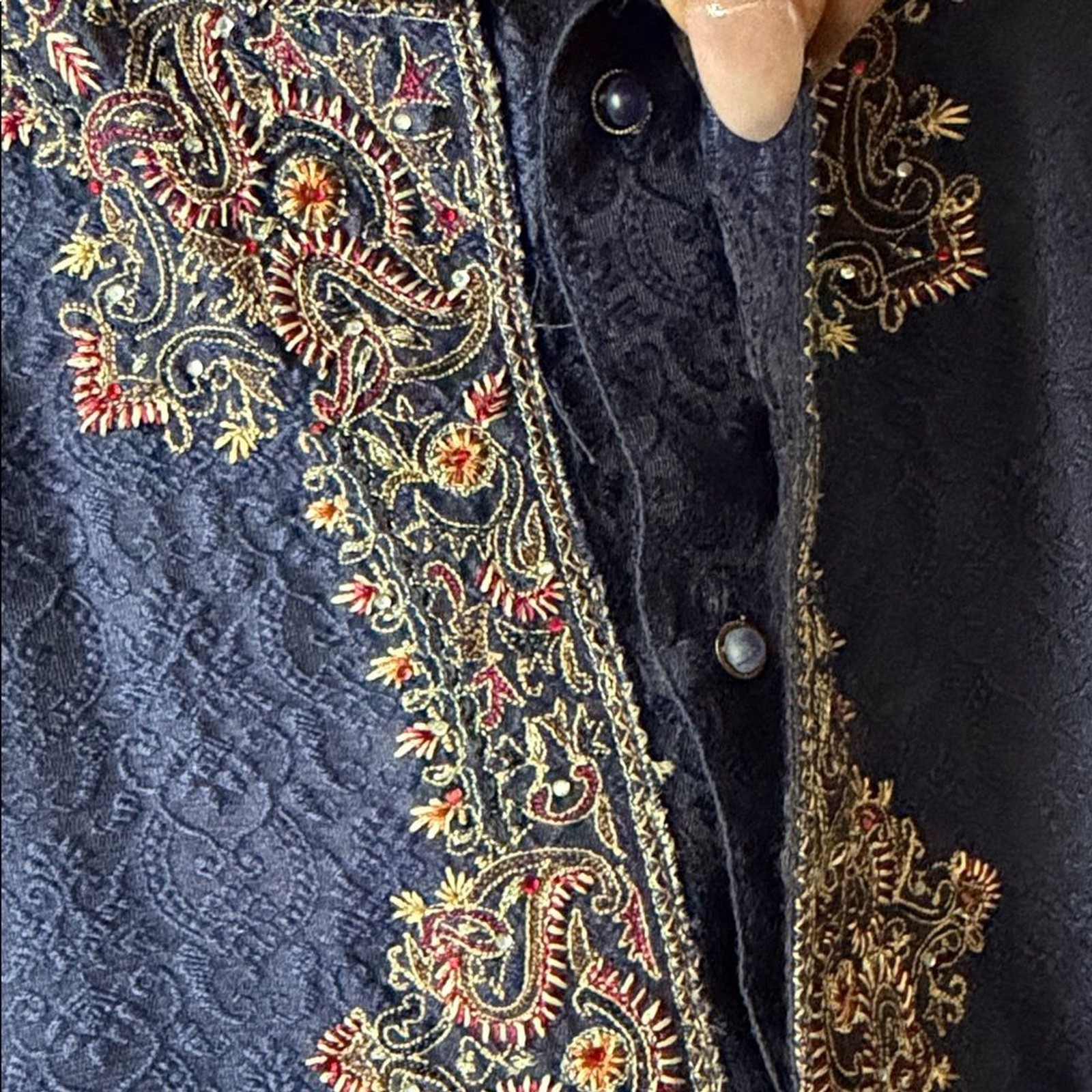 EUC 100% SILK ETHOS Elite Garmets India Caftan Embriodered Damask Navy Blue