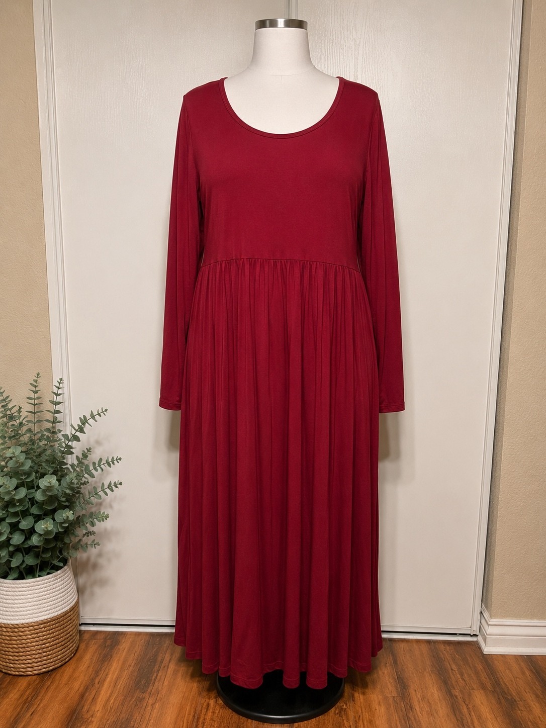 Longyuan Women’s 3XL Burgundy Maxi Dress Long Sleeve Scoop Neck Plus Size