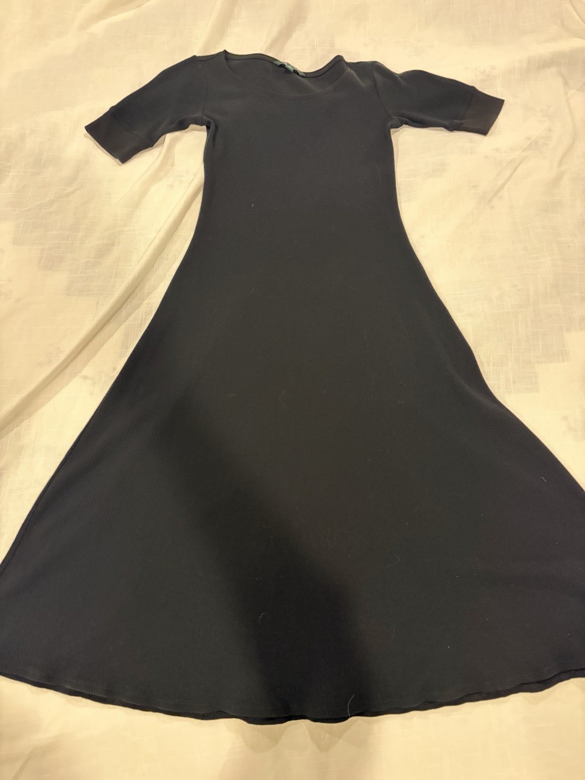 Lauren Ralph Lauren Black Cotton Waffle Knit Midi Dress ~XS~A-Line Short Sleeve