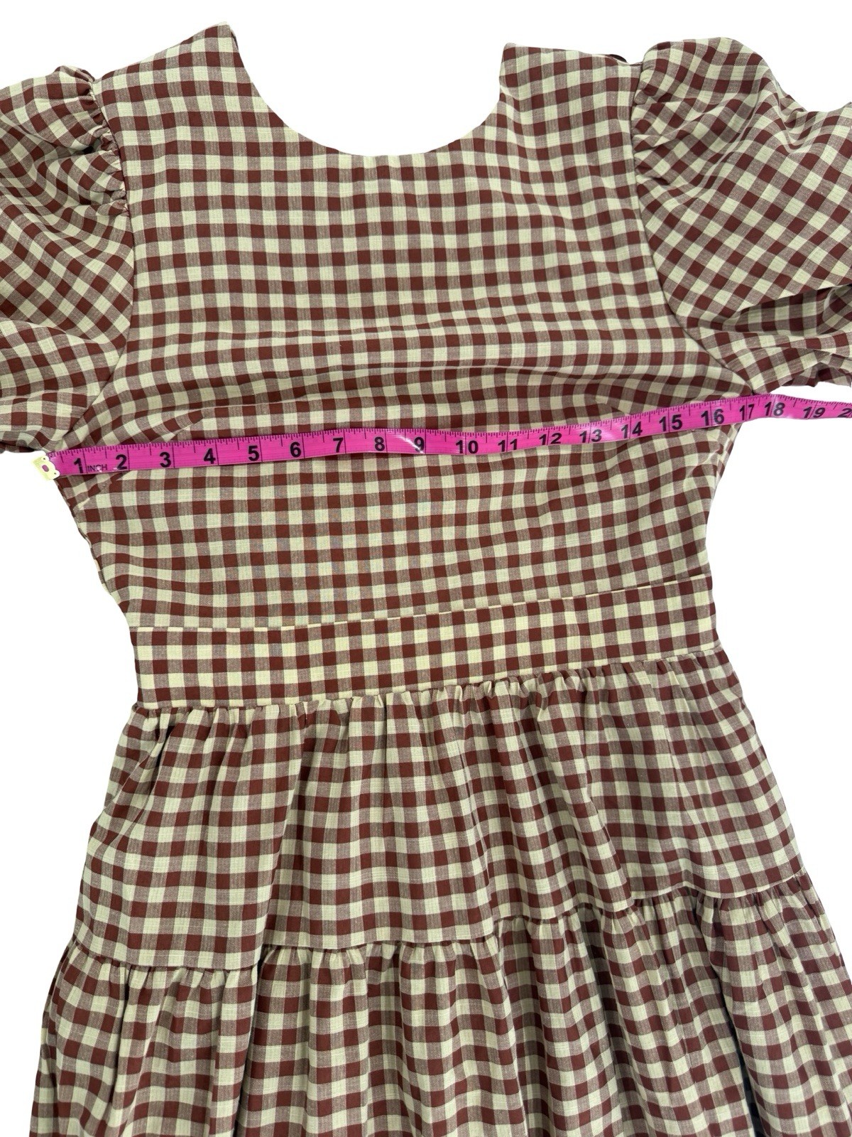 En Saison Brown/White Gingham Square Neck Puff Sleeve Midi Dress Pockets Sz S