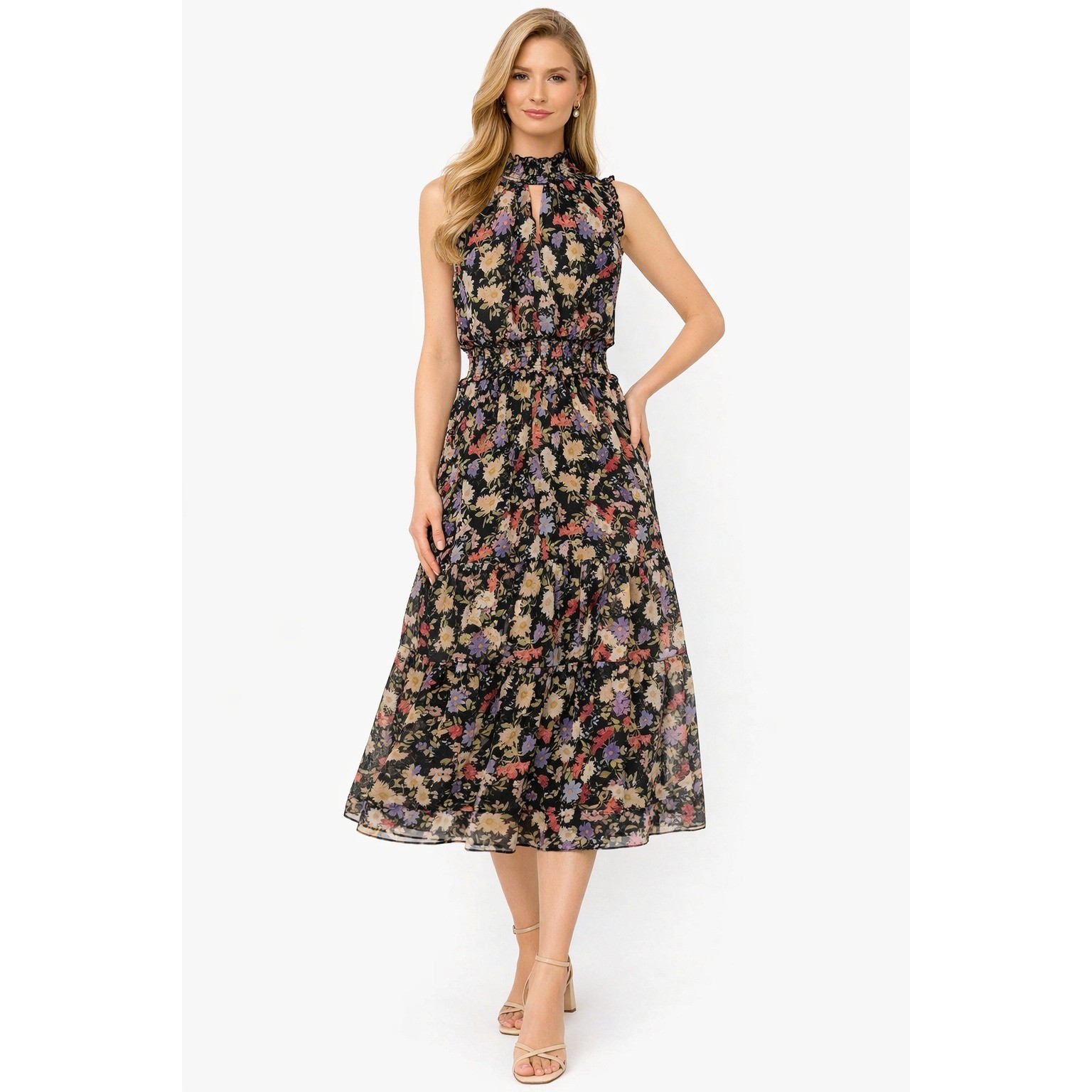 CeCe Womens Floral Mock Neck Midi Dress Size L NWT