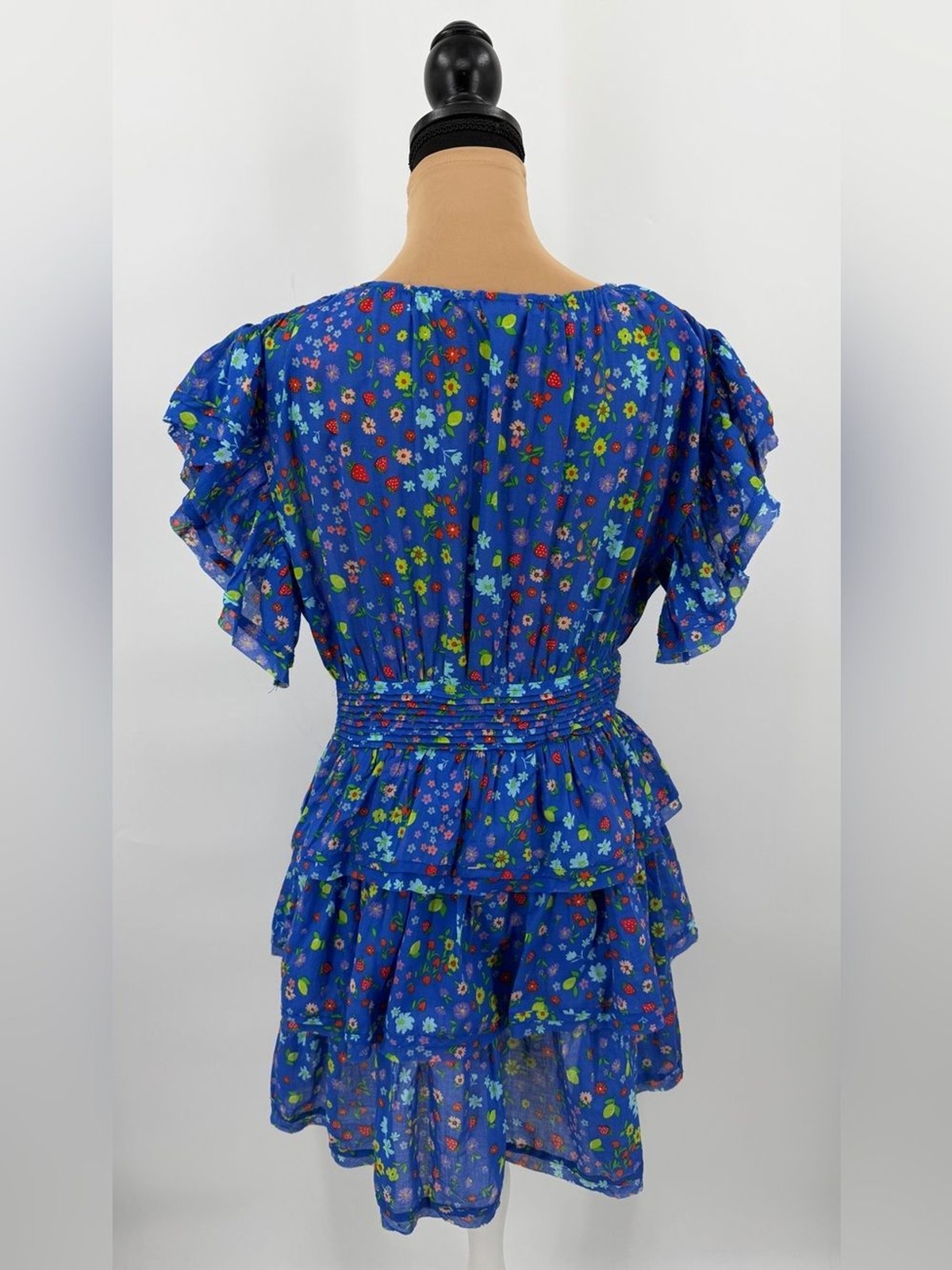 Blue Strawberry Floral Puff Sleeve Tiered Mini Dress L Cottagecore cotton euro