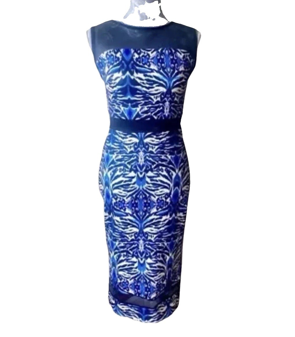 Amy Childs blue Aztec pattern bodycon stretch midi dress. Mesh inserts. Size 10