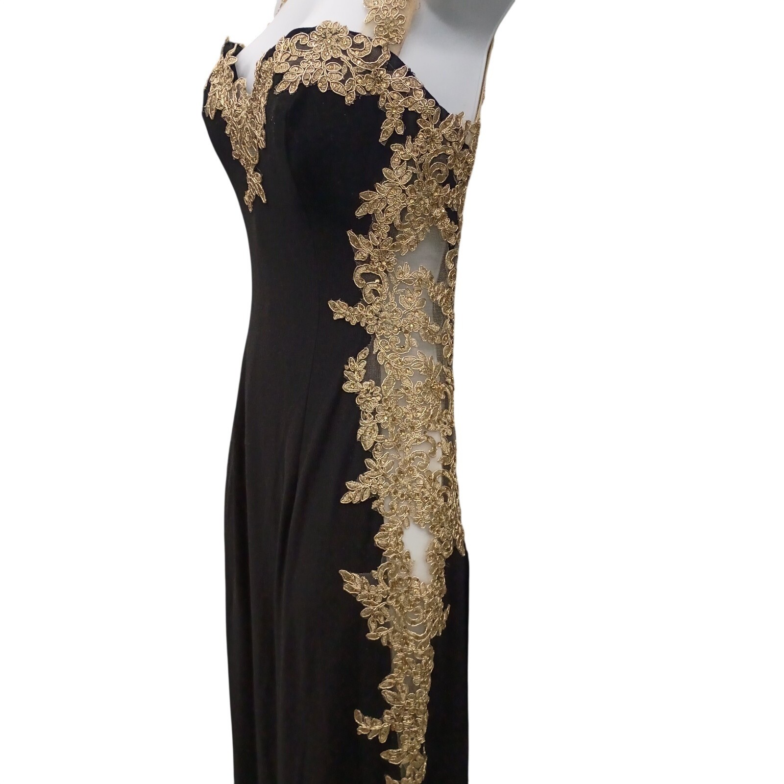 Cinderella Divine Womens 6 Black Gold Lace Column Prom Red Carpet Gown Dress