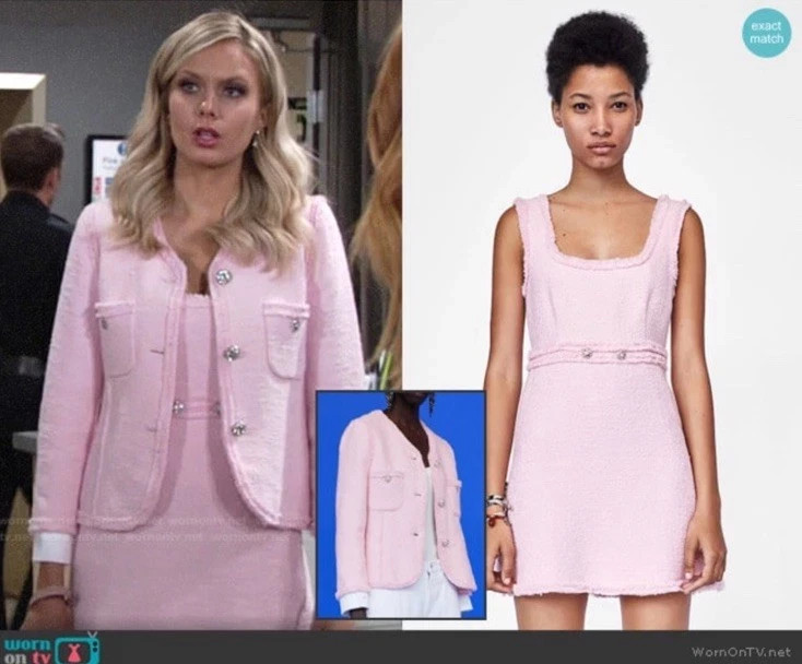 ZARA Pink Fitted Frayed Trims Tweed Boucle Gem Stone Button Mini Dress LARGE L