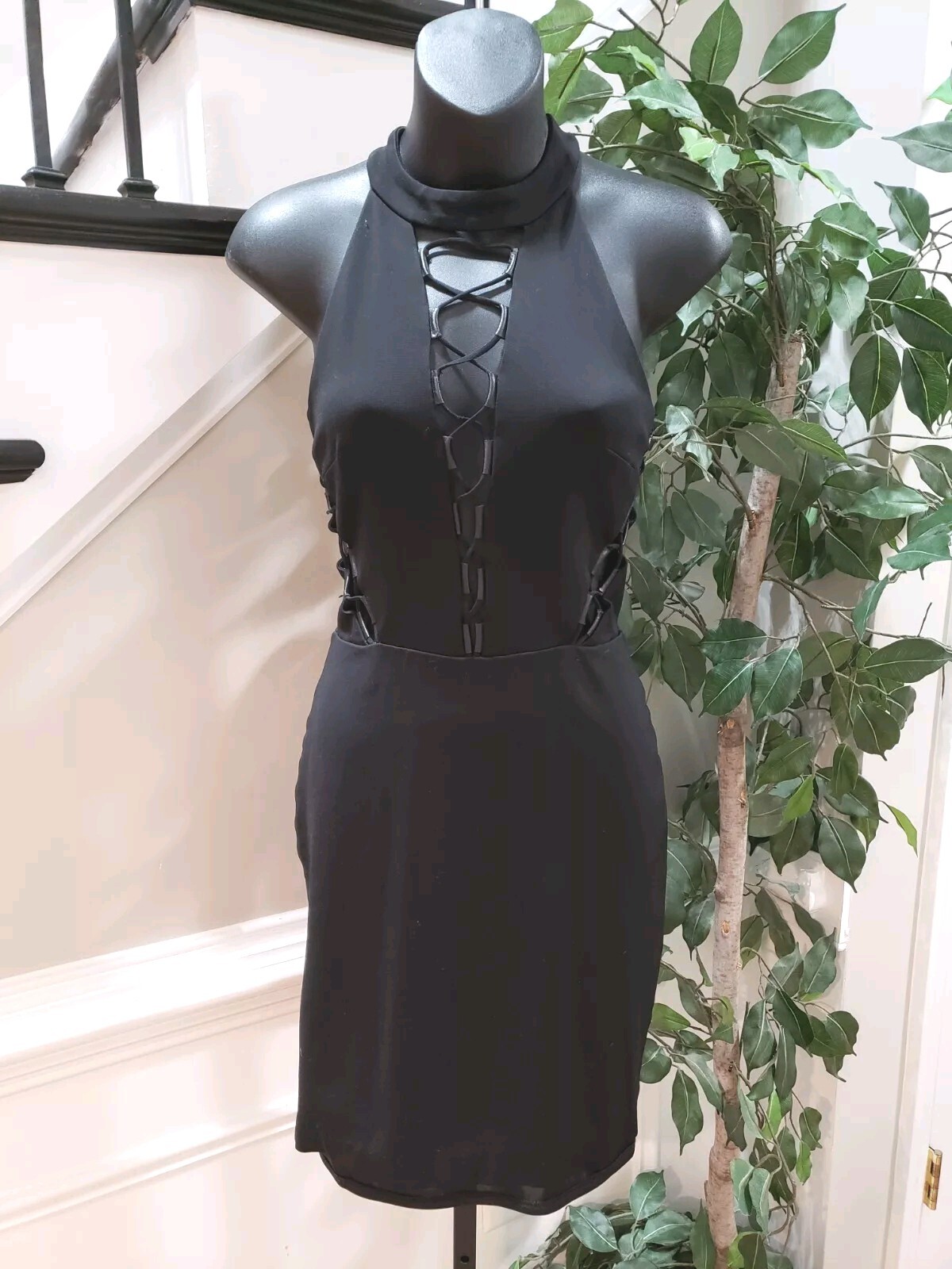 Bebe Womens Black Lace Up Front Halter Neck Back Zip Bodycon Dress Size S